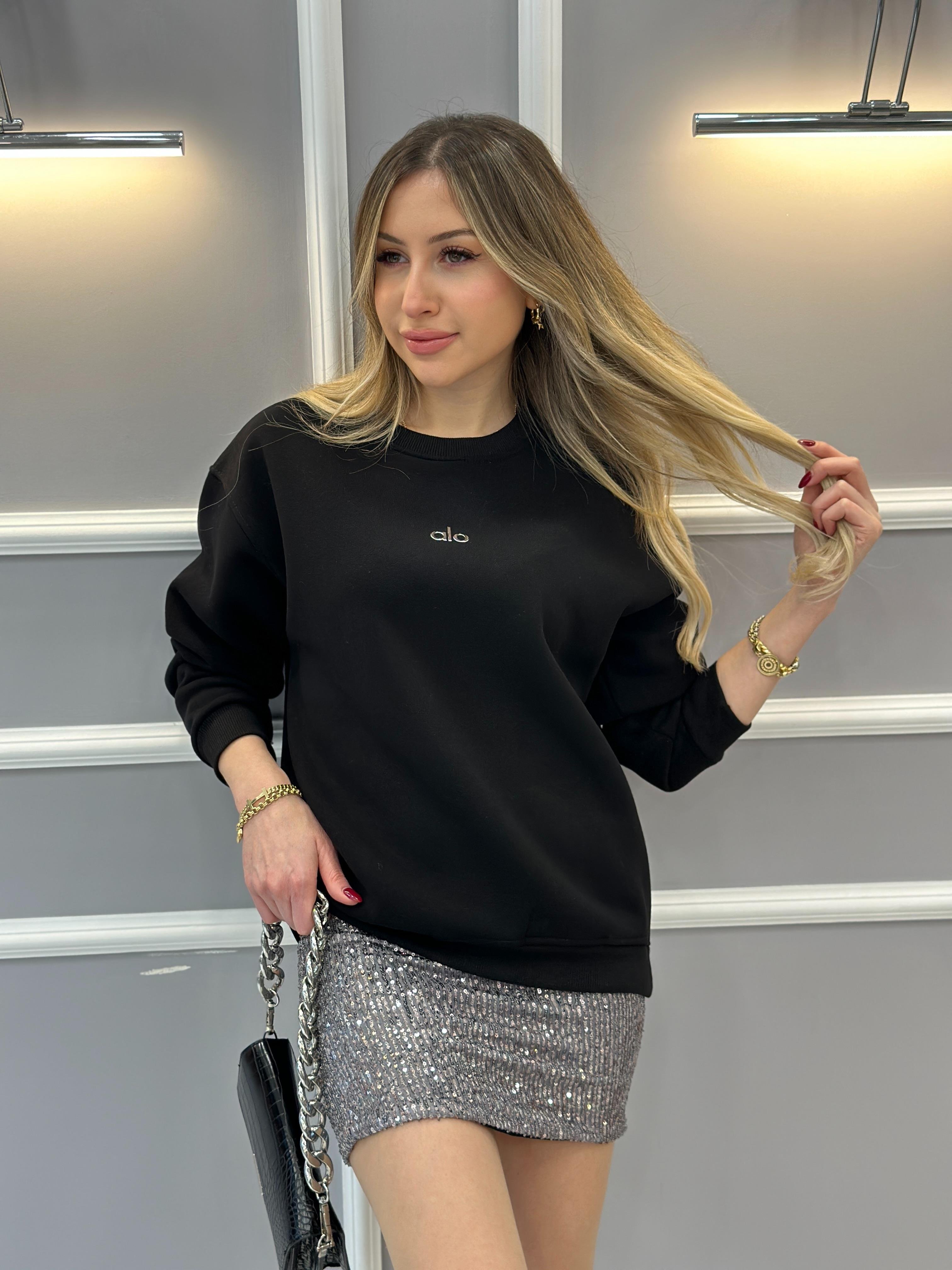 Lo Sweatshirt Silver Yazı Detaylı Siyah
