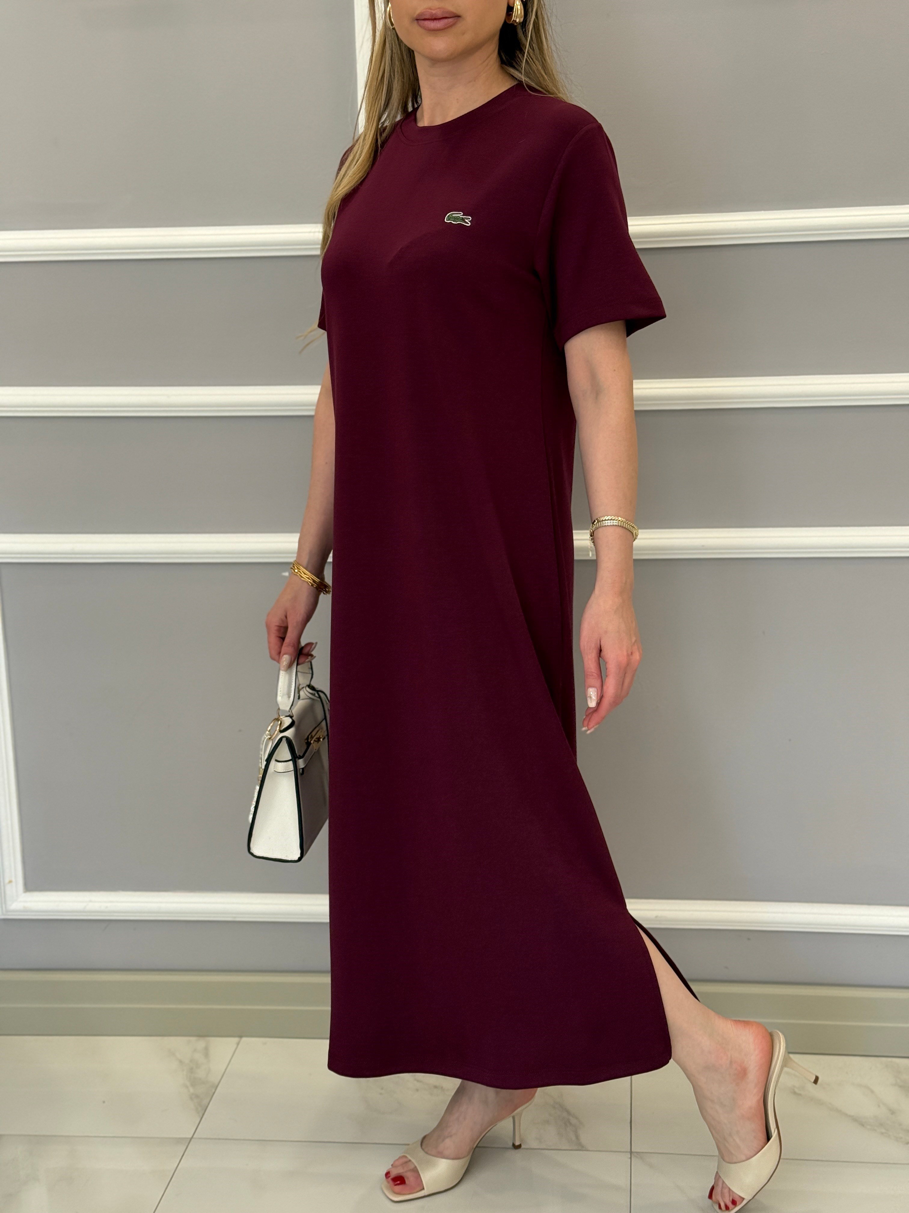 LT Premium Basic Modal Kumaş Yandan İki Yırtmaçlı Boyu 123 cm Bordo Elbise 