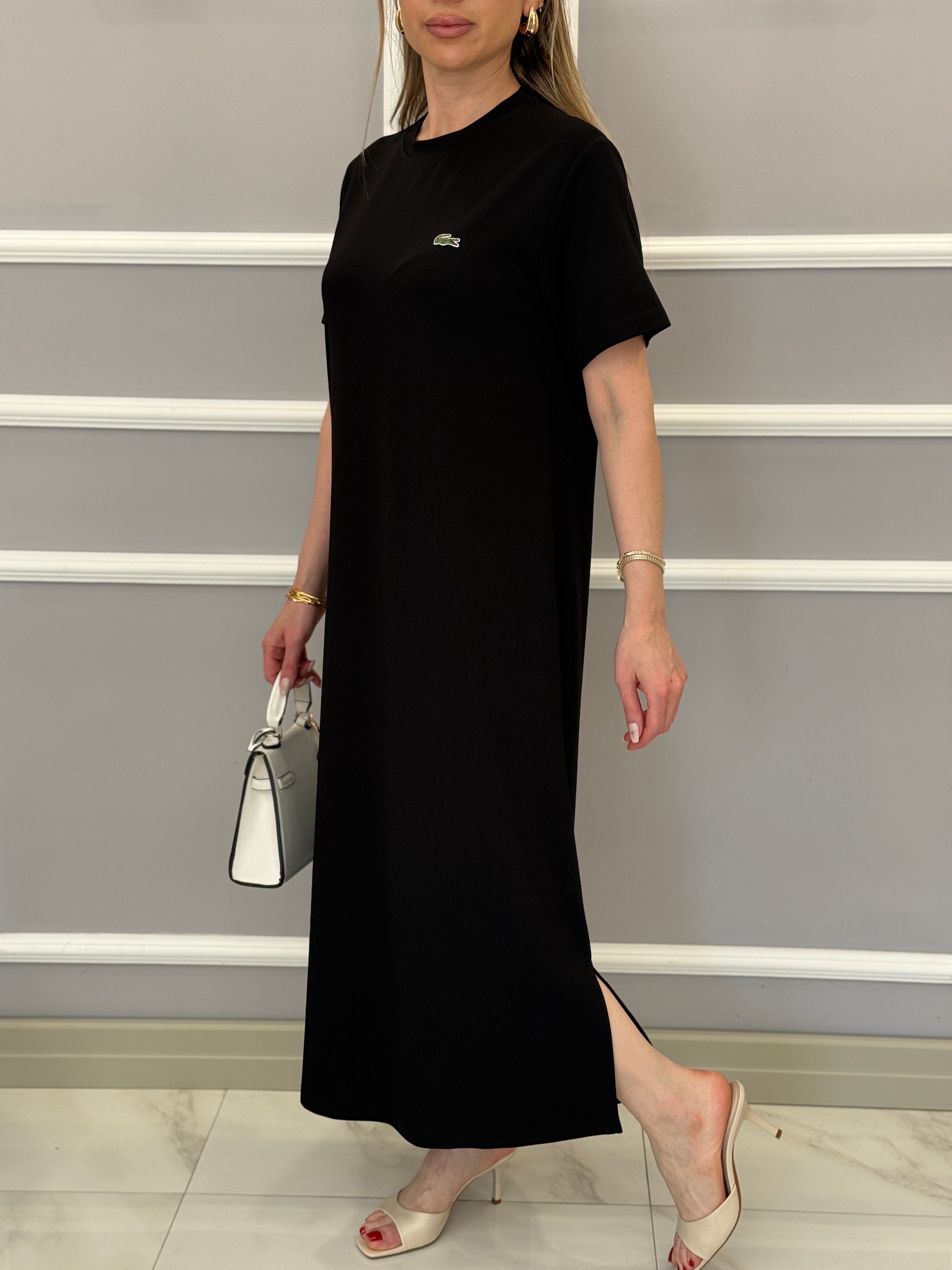 LT Premium Basic Modal Kumaş Yandan İki Yırtmaçlı Boyu 123 cm Siyah Elbise 