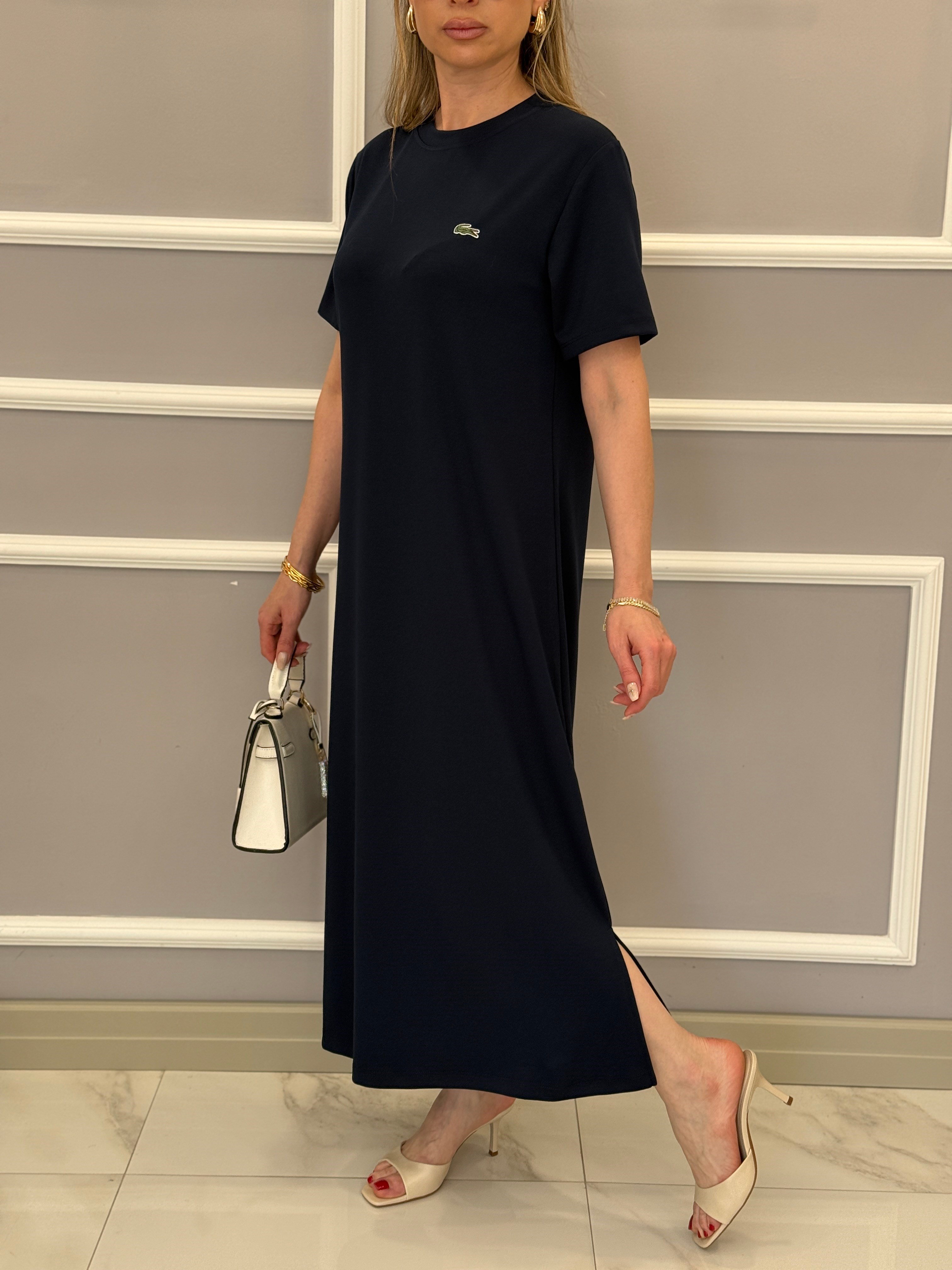 LT Premium Basic Modal Kumaş Yandan İki Yırtmaçlı Boyu 123 cm Lacivert Elbise 
