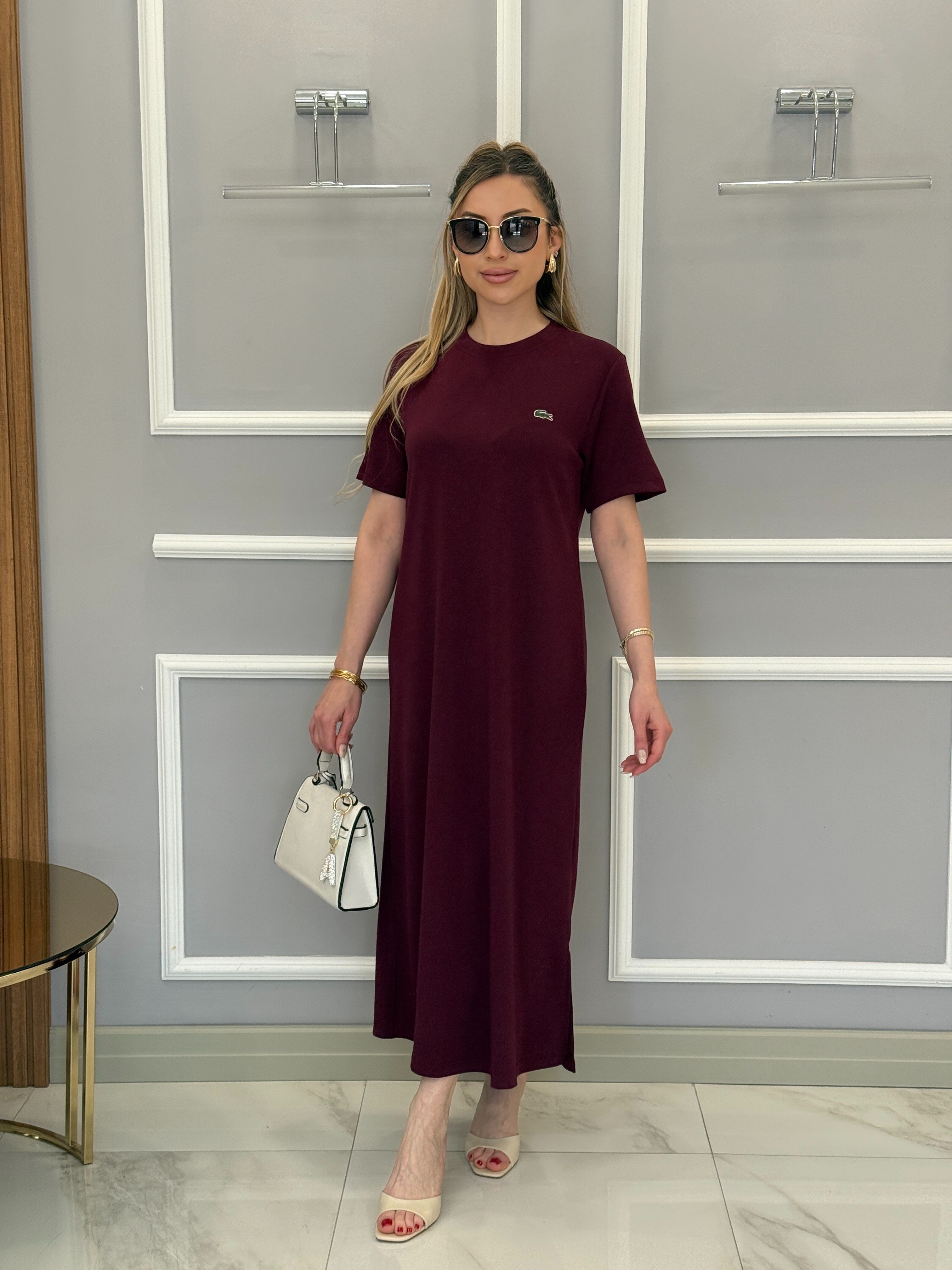 LT Premium Basic Modal Kumaş Yandan İki Yırtmaçlı Boyu 123 cm Bordo Elbise 