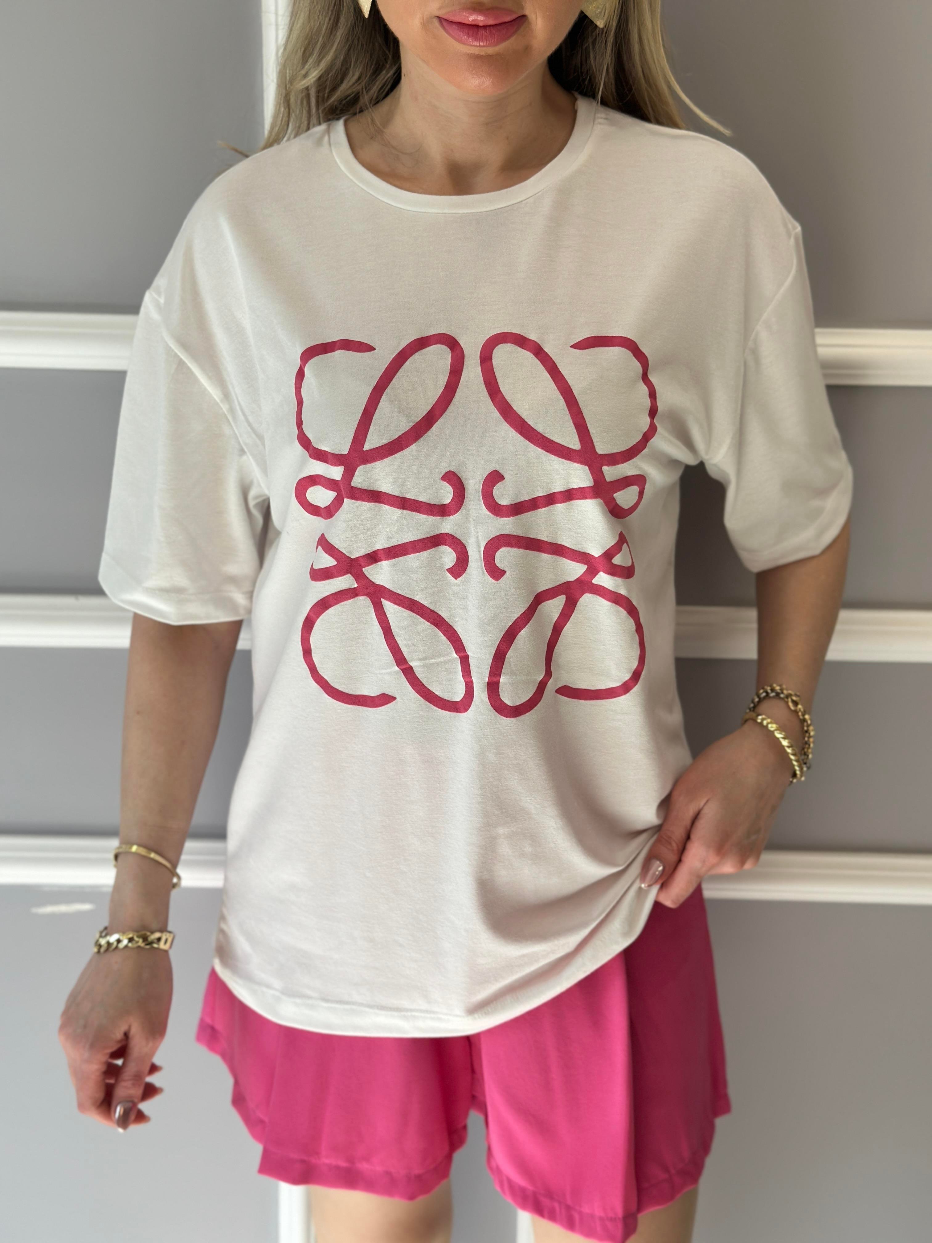 Lv T-shirt Pembe Baskılı Ekru