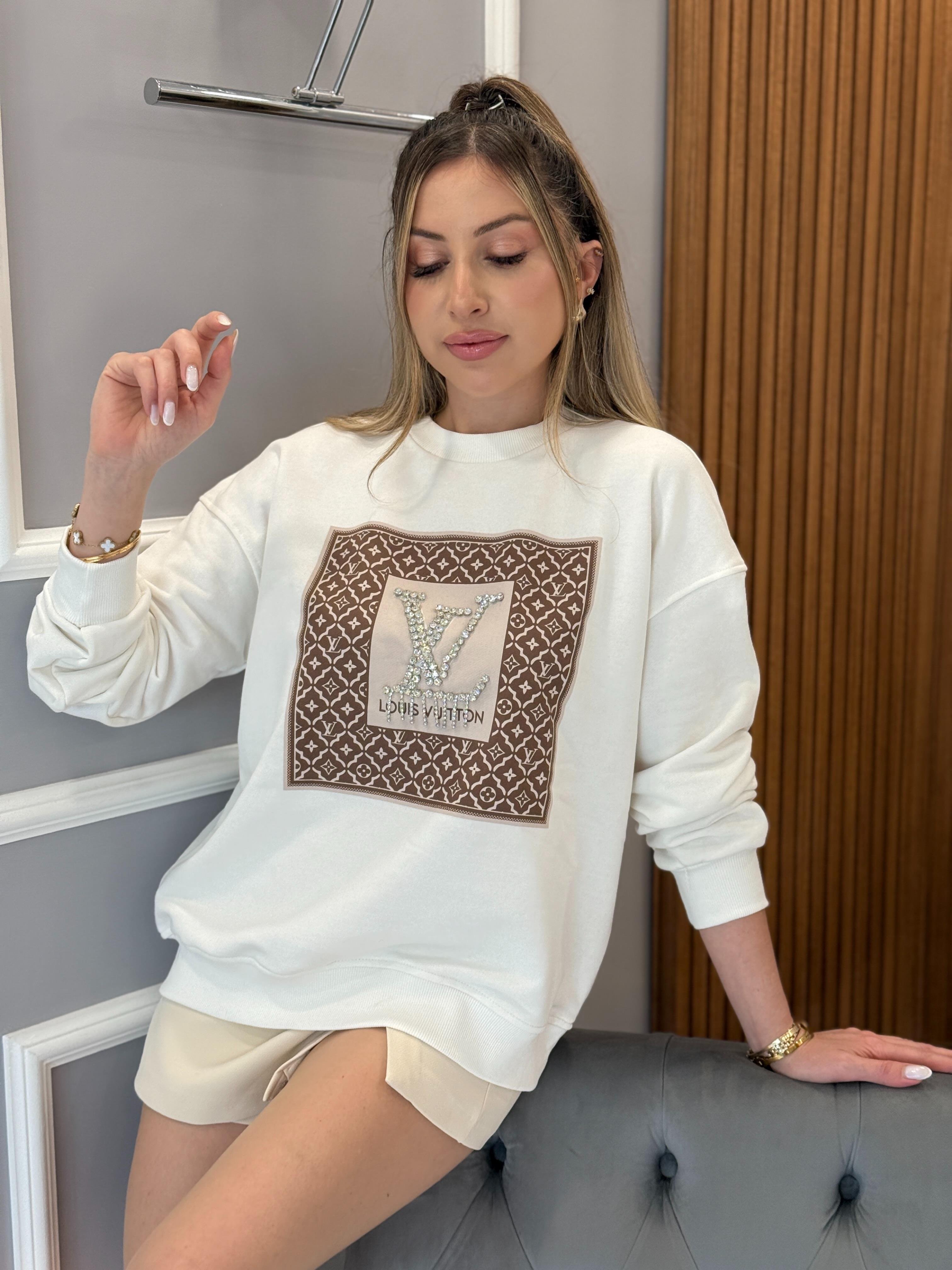 LV Taşlı Sweat Ekru Boyu 65 cm