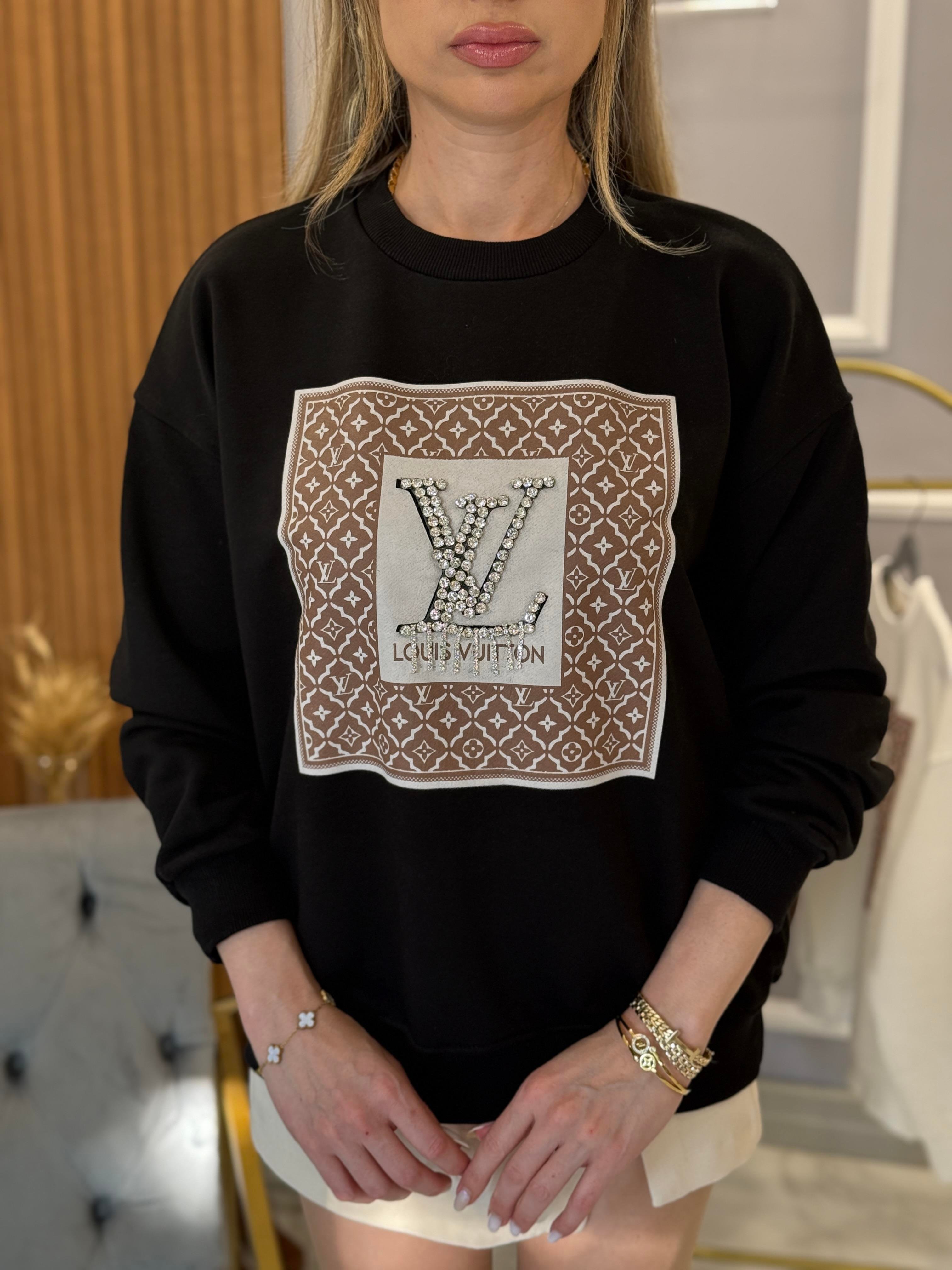 LV Taşlı Sweat Siyah Boyu 65 cm