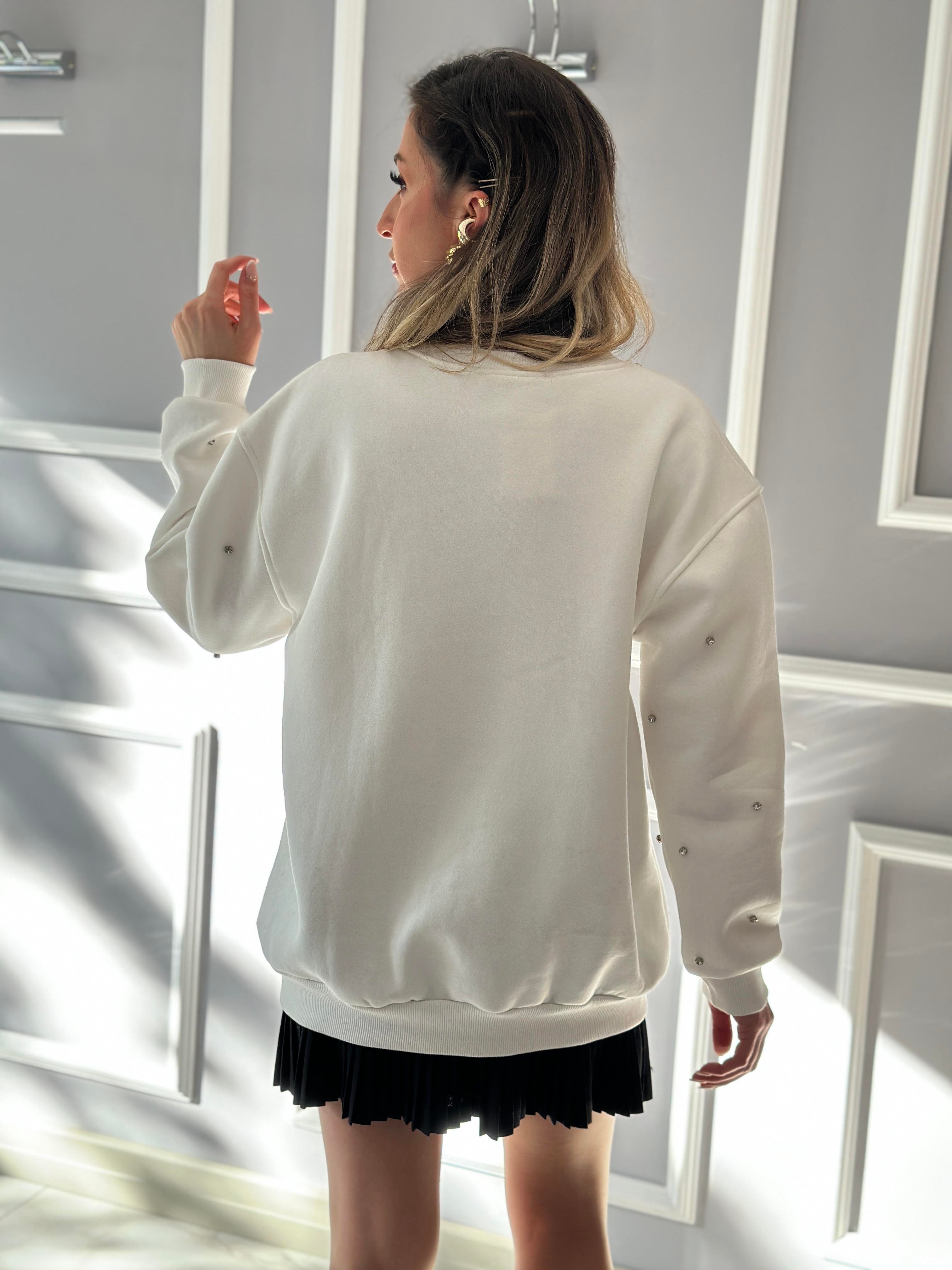 Mi Premium Sweatshirt Taşlı Beyaz