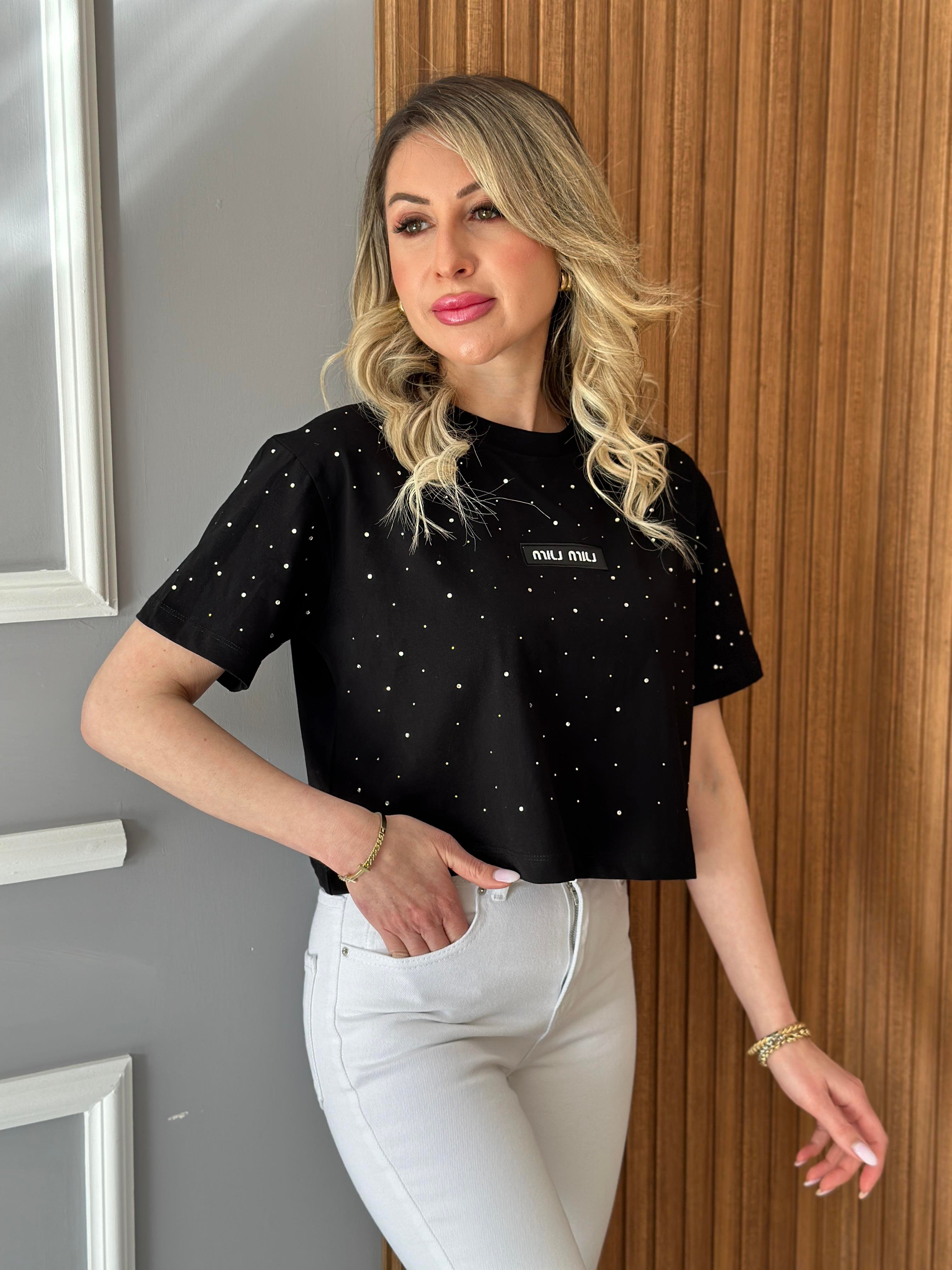 Mİ T-shirt Taşlı Siyah