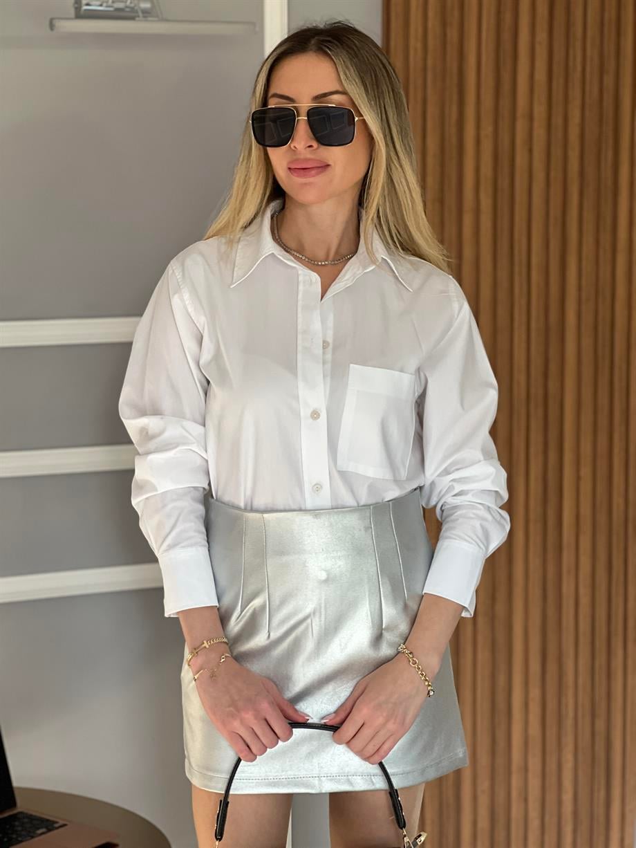 Mos Gömlek Oversize Tek Cepli Yanları Yırtmaçlı Beyaz