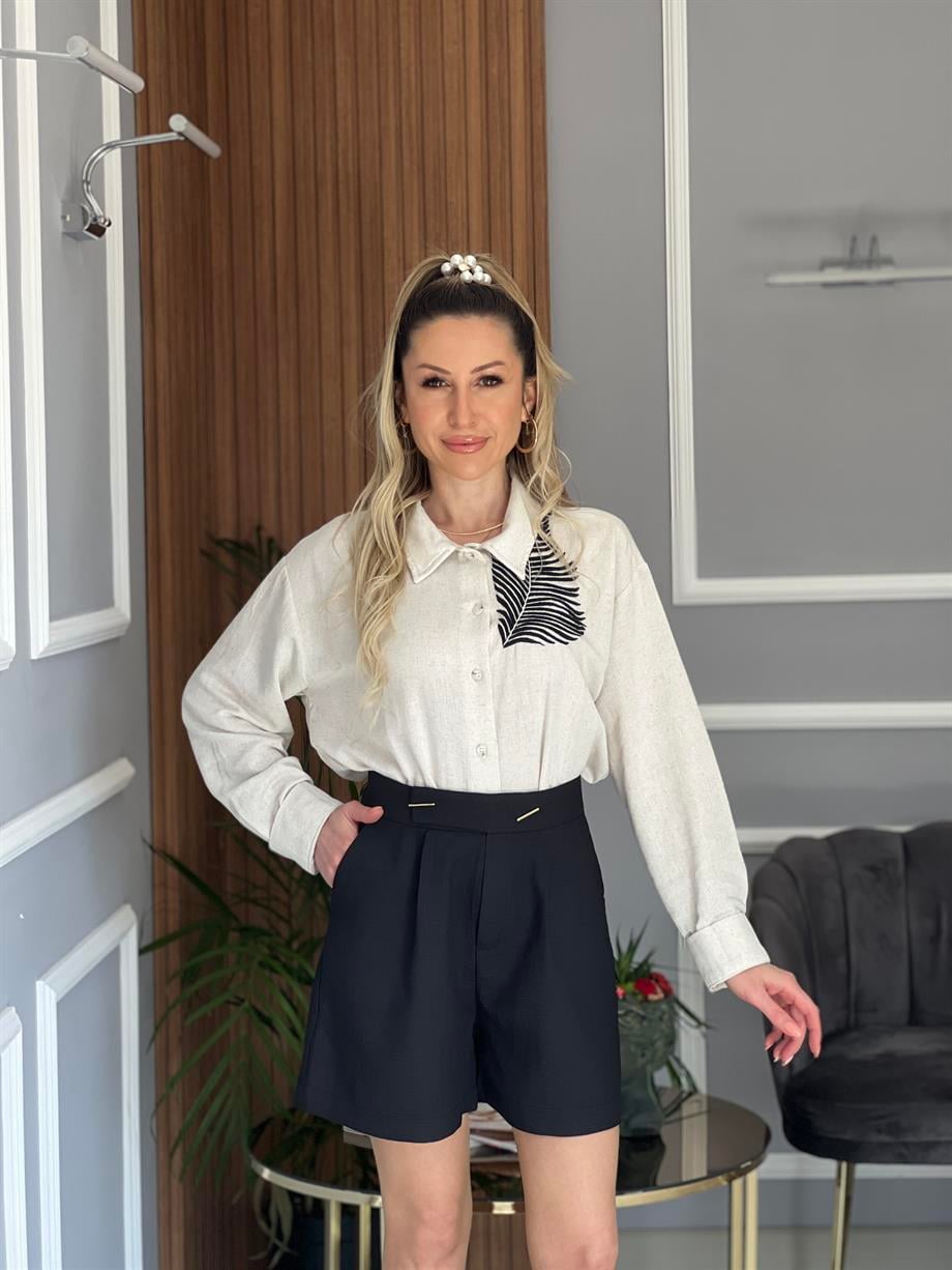 Nakışlı Keten Gömlek Bej