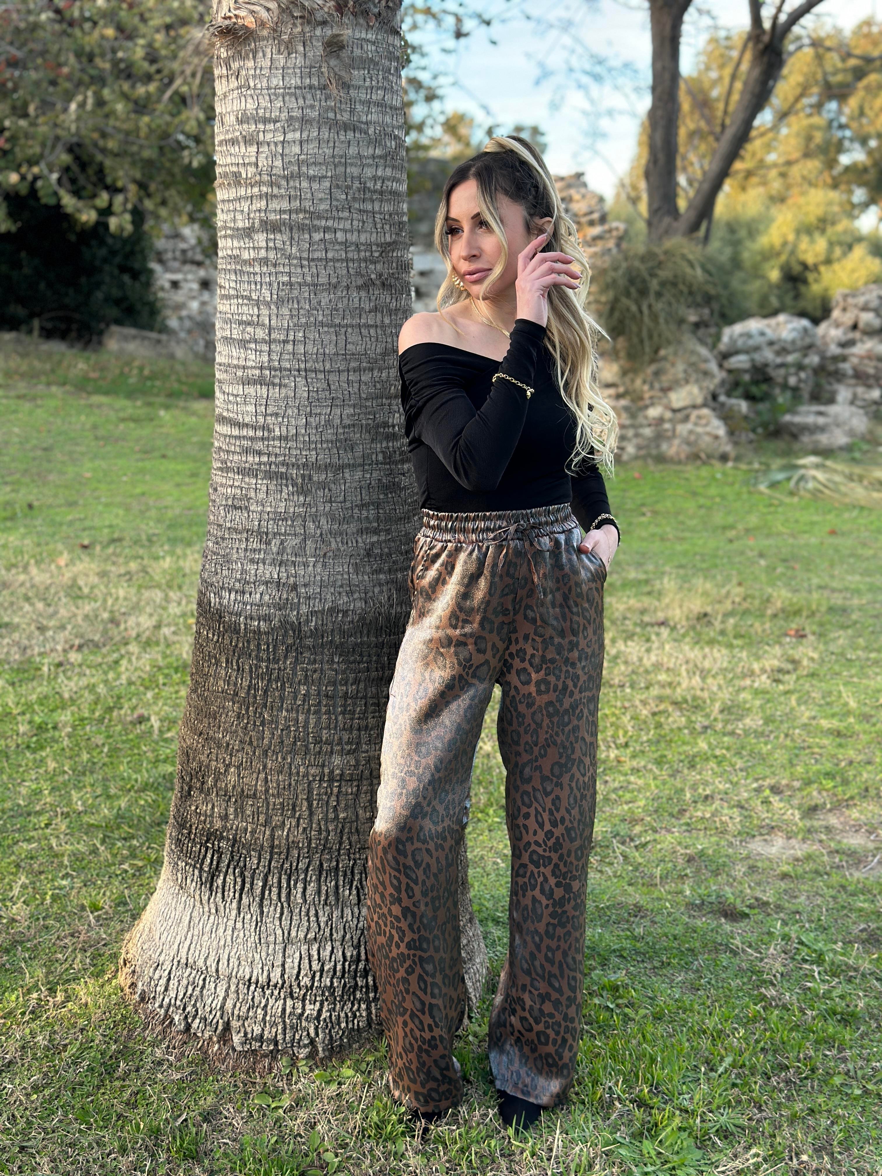 Pantolon Palazzo Leopar Beli Lastikli 