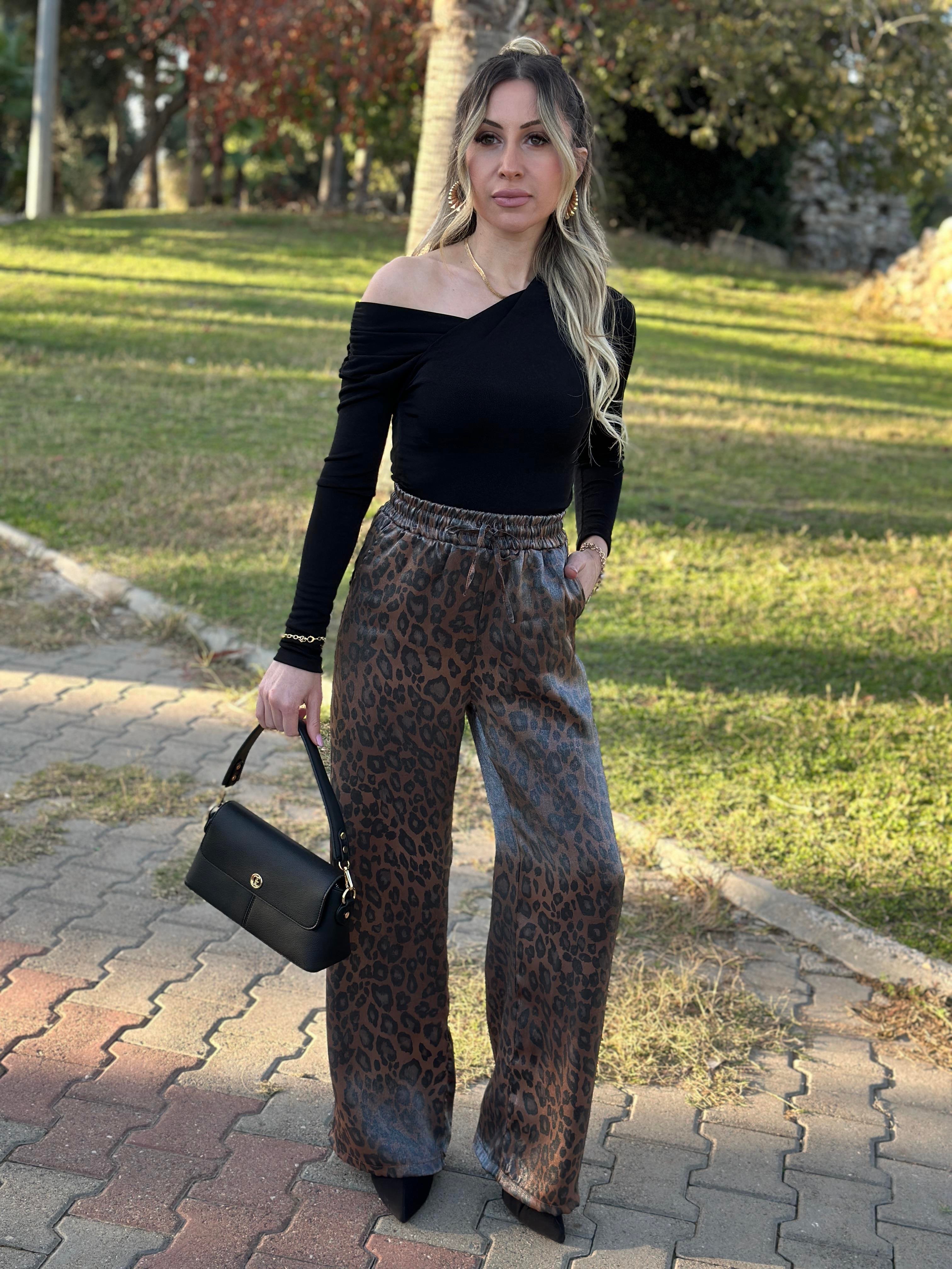 Pantolon Palazzo Leopar Beli Lastikli 