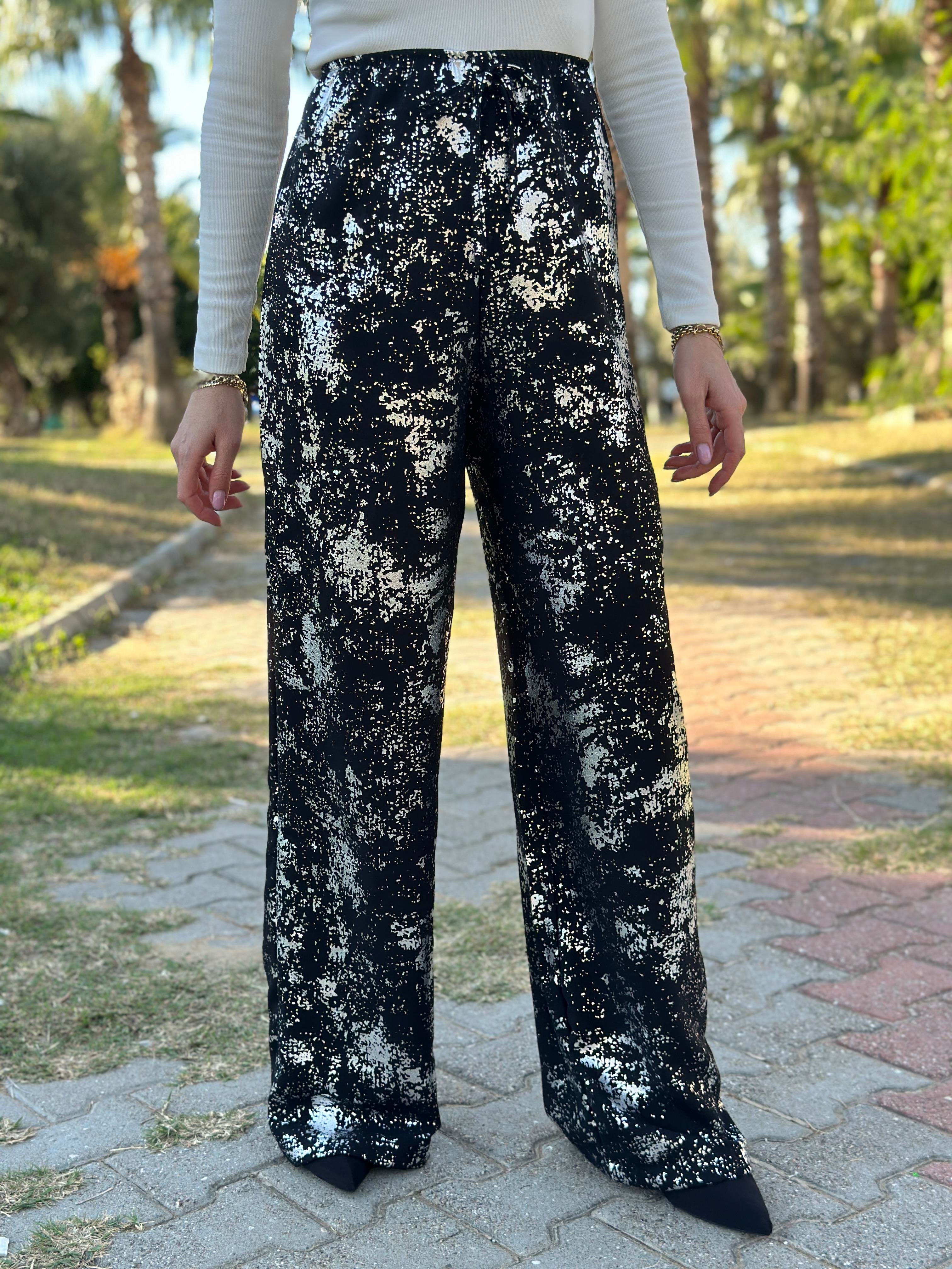 Pantolon Palazzo Siyah-Silver Glitter 