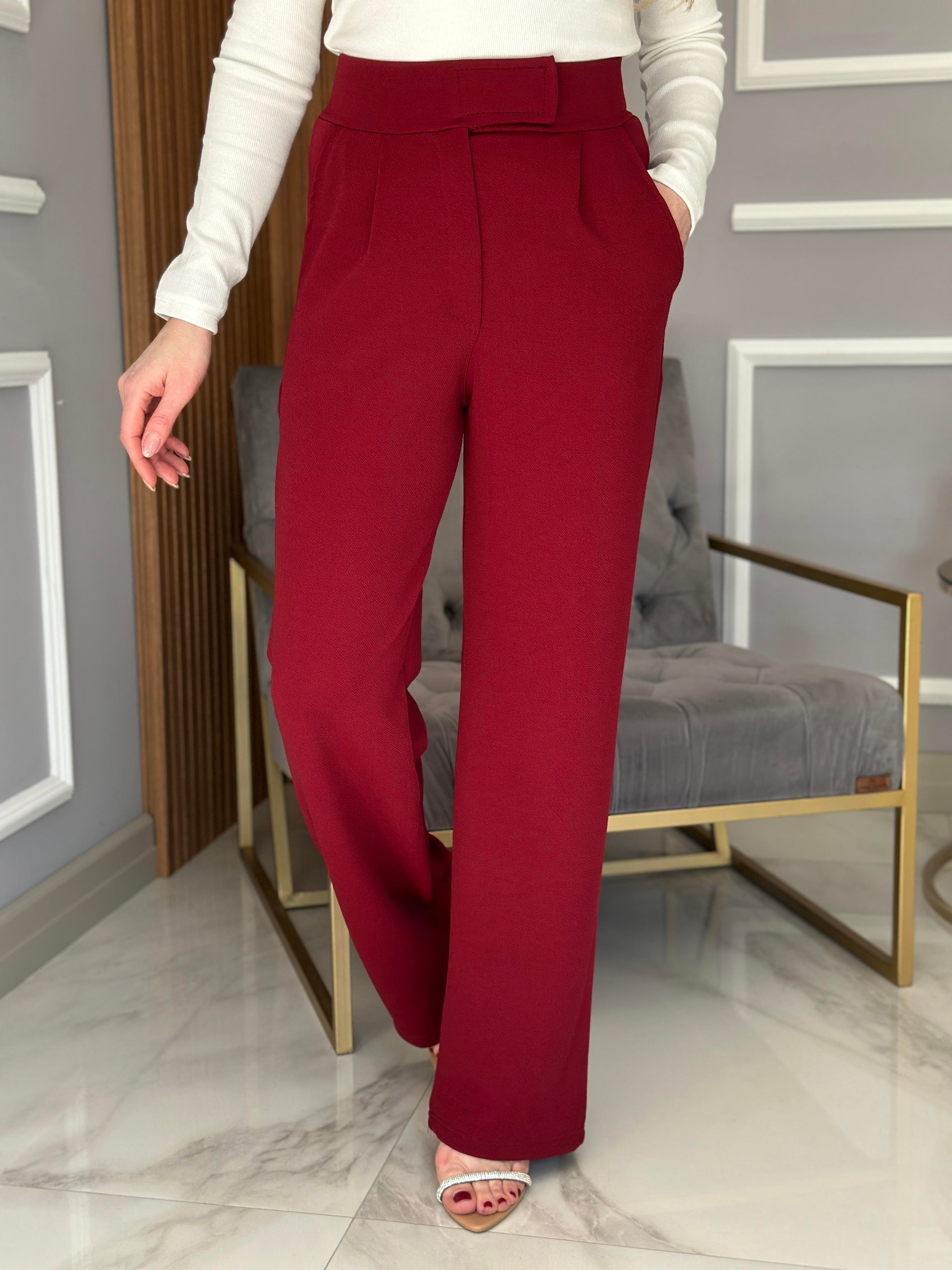 Pantolon Palozzo Beli Çırtlı Bordo