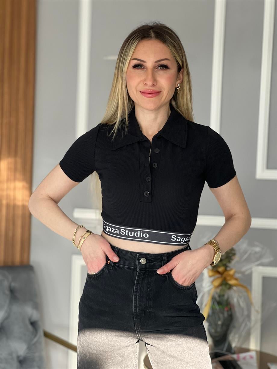 Polo Yaka Crop Siyah