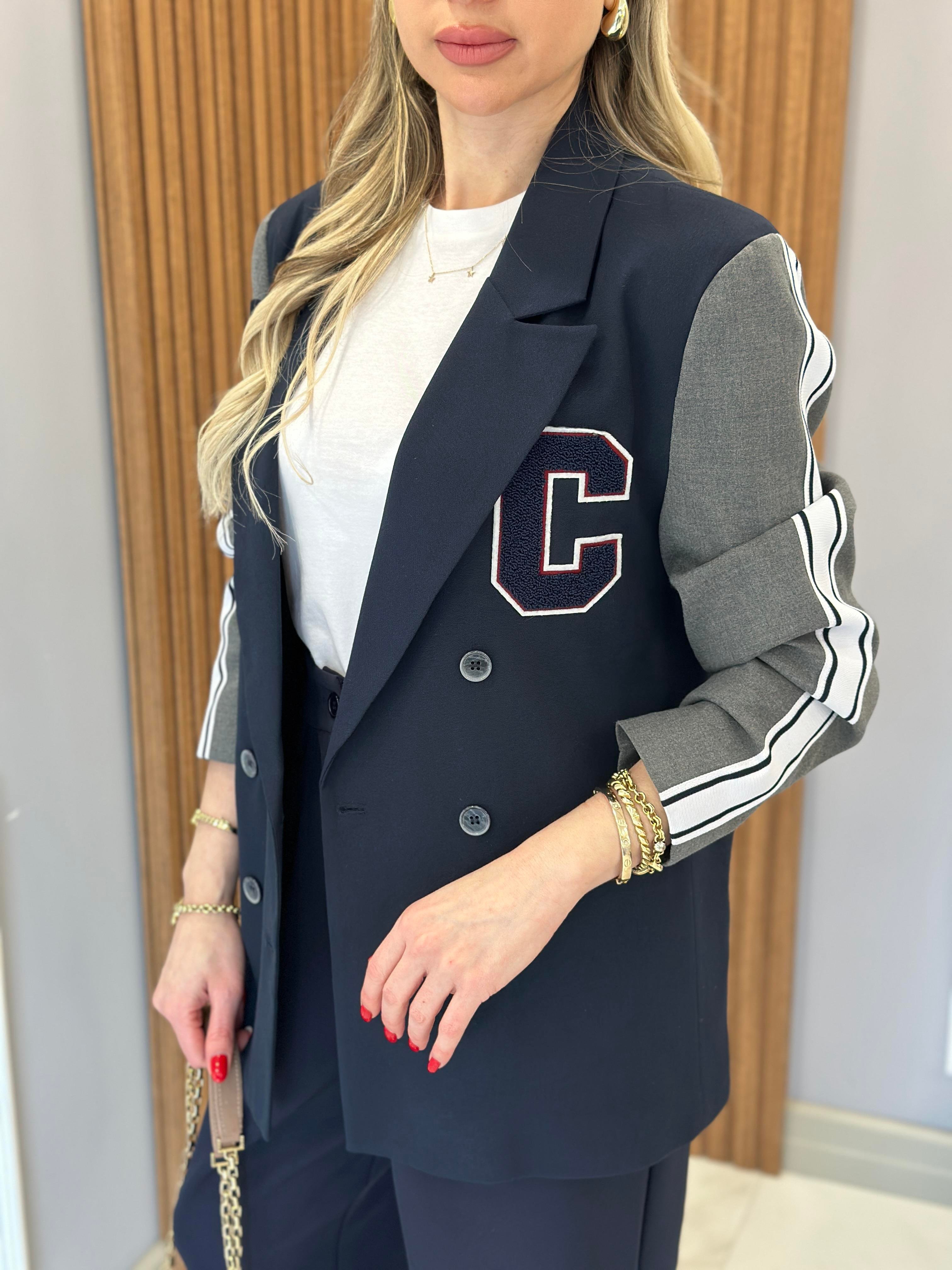 Premium Blazer Ceket Kol Şerit Detaylı Lacivert