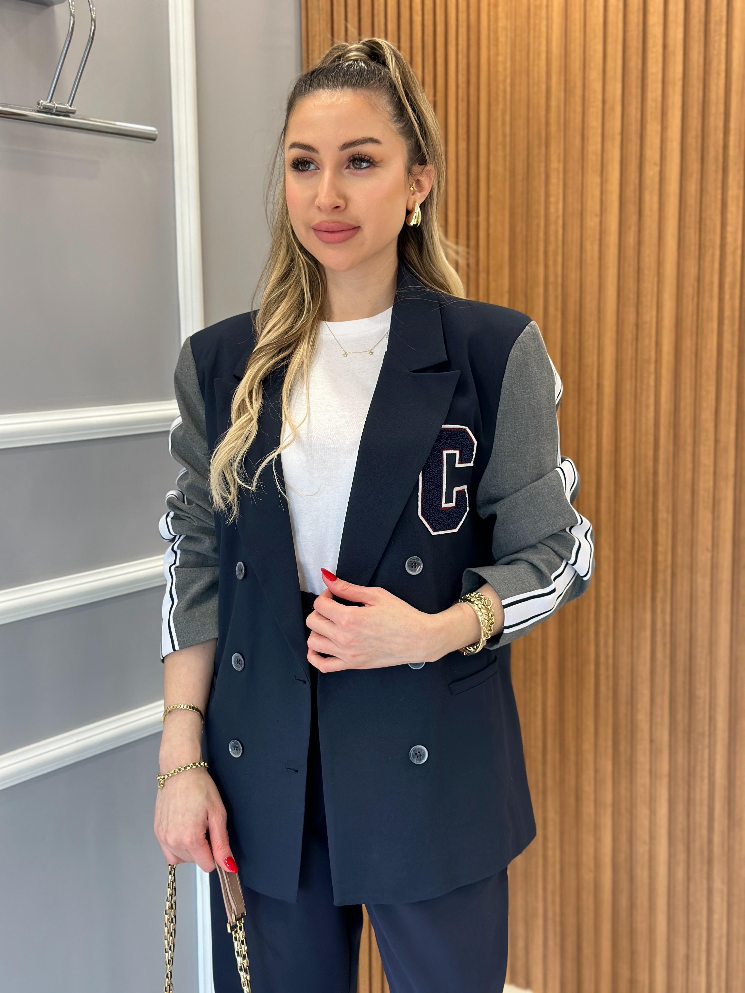 Premium Blazer Ceket Kol Şerit Detaylı Lacivert