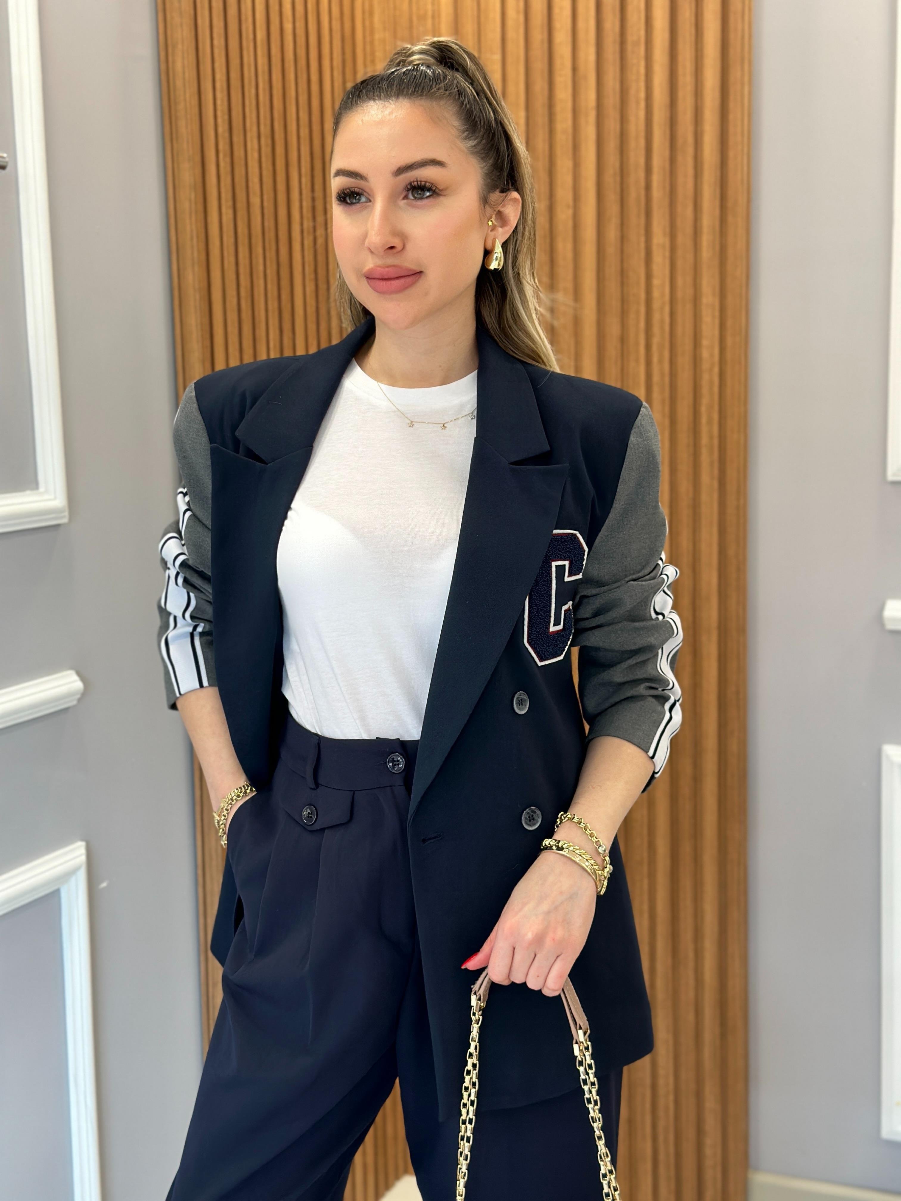 Premium Blazer Ceket Kol Şerit Detaylı Lacivert