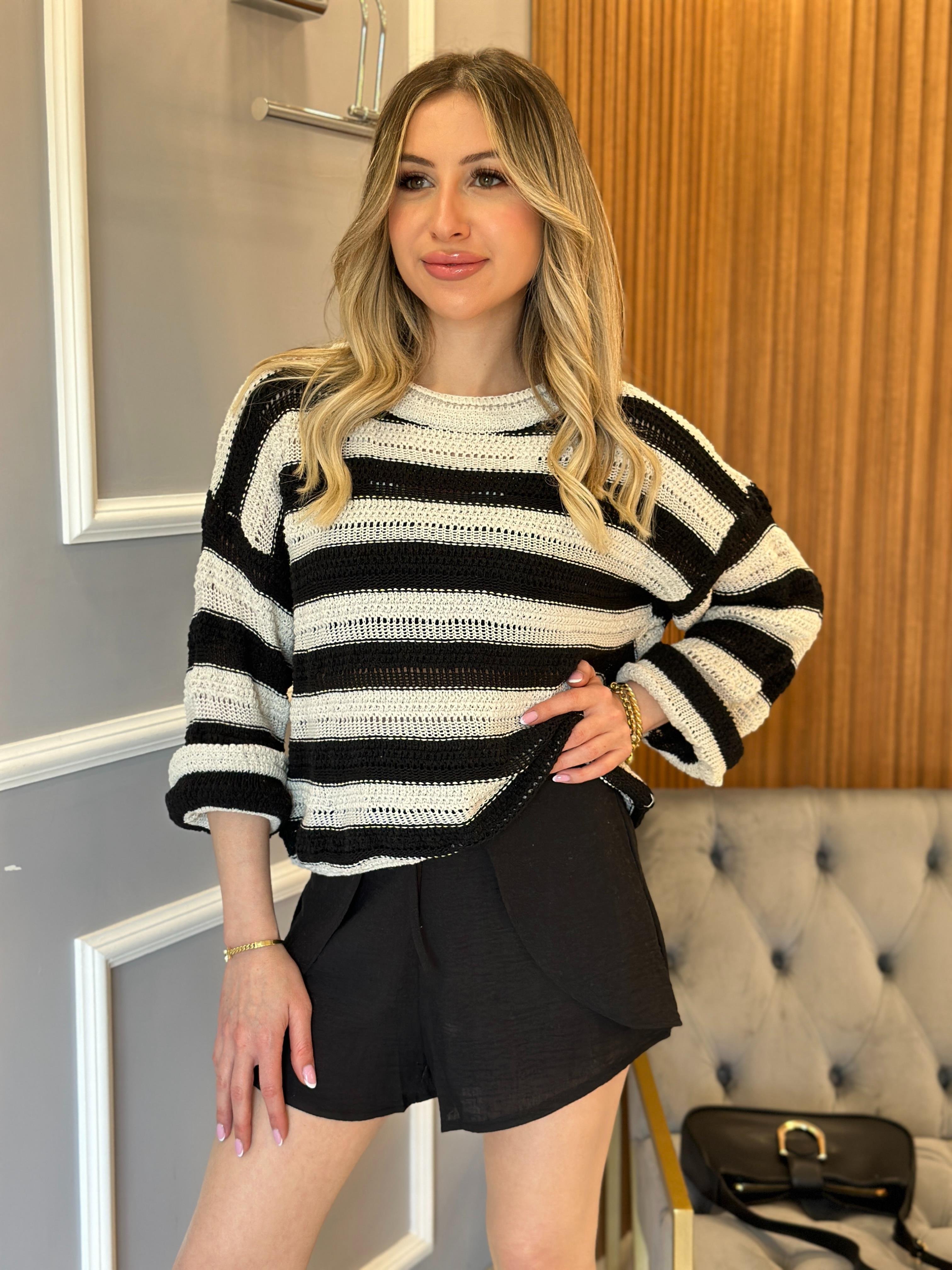 Premium Bluz Ajurlu Çizgili Krem Mix