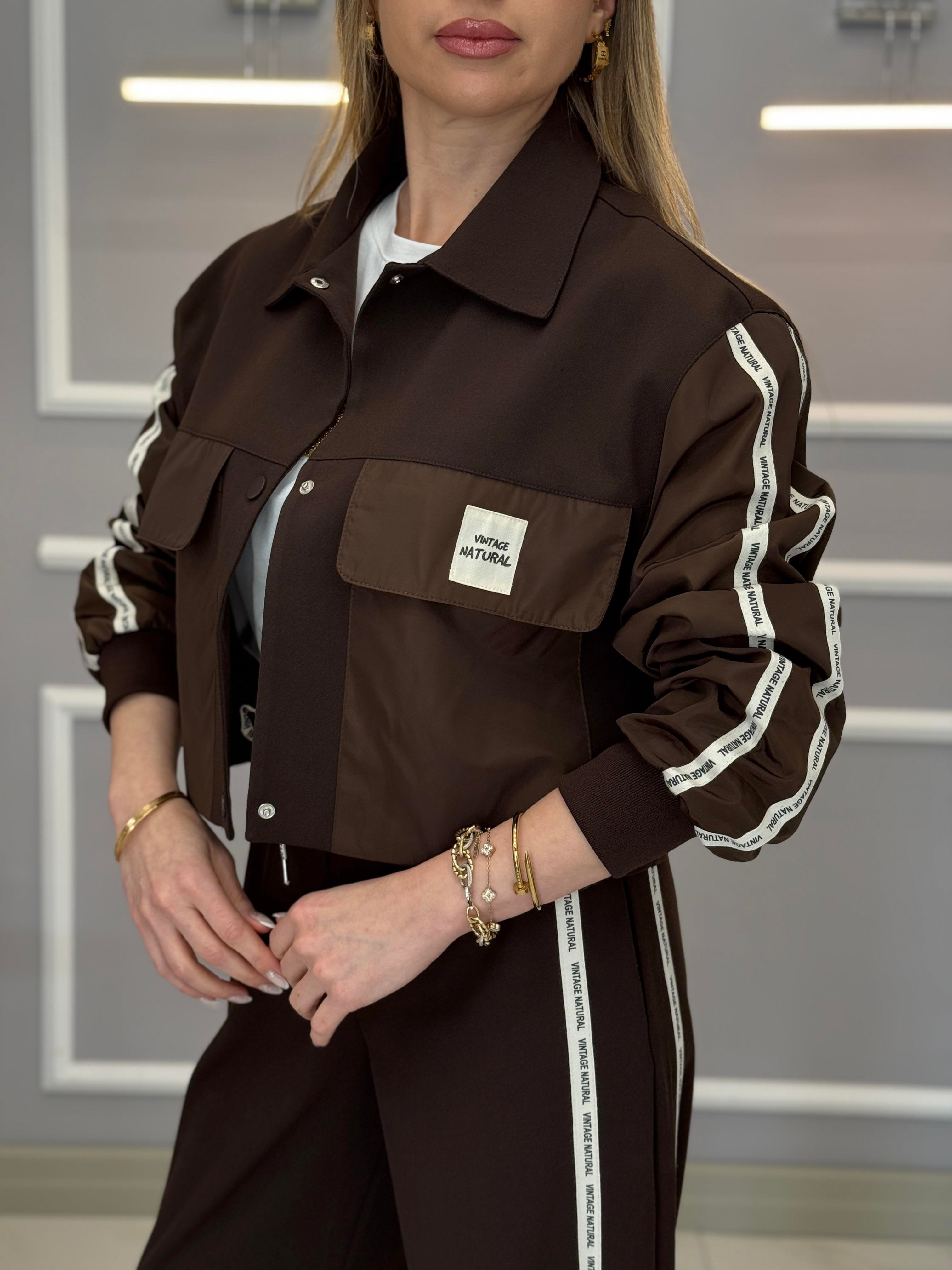 Premium Bomber Yan Şeritli Kahverengi Ceket 