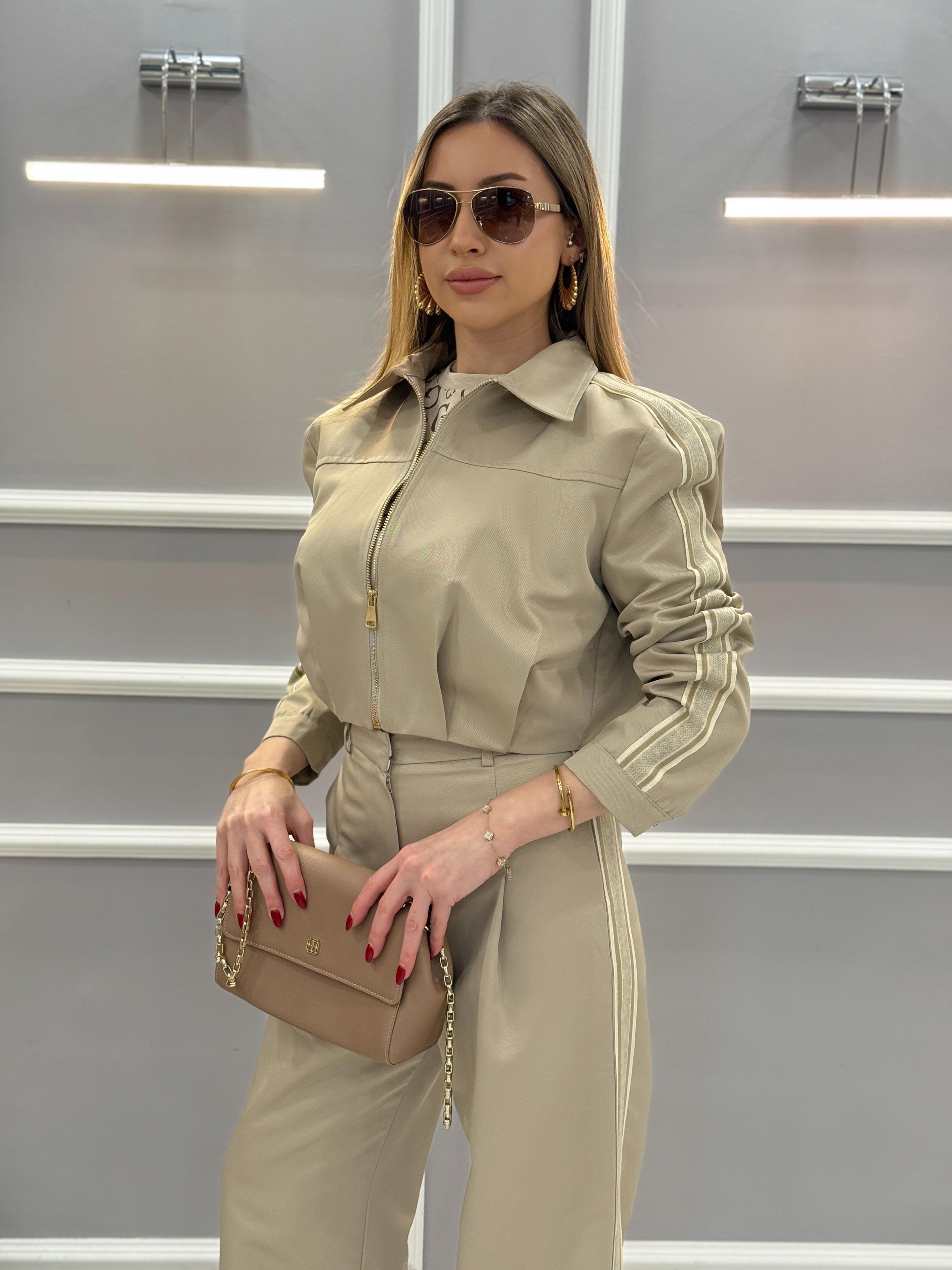 Premium Bomber Yan Şeritli Vizon Ceket 