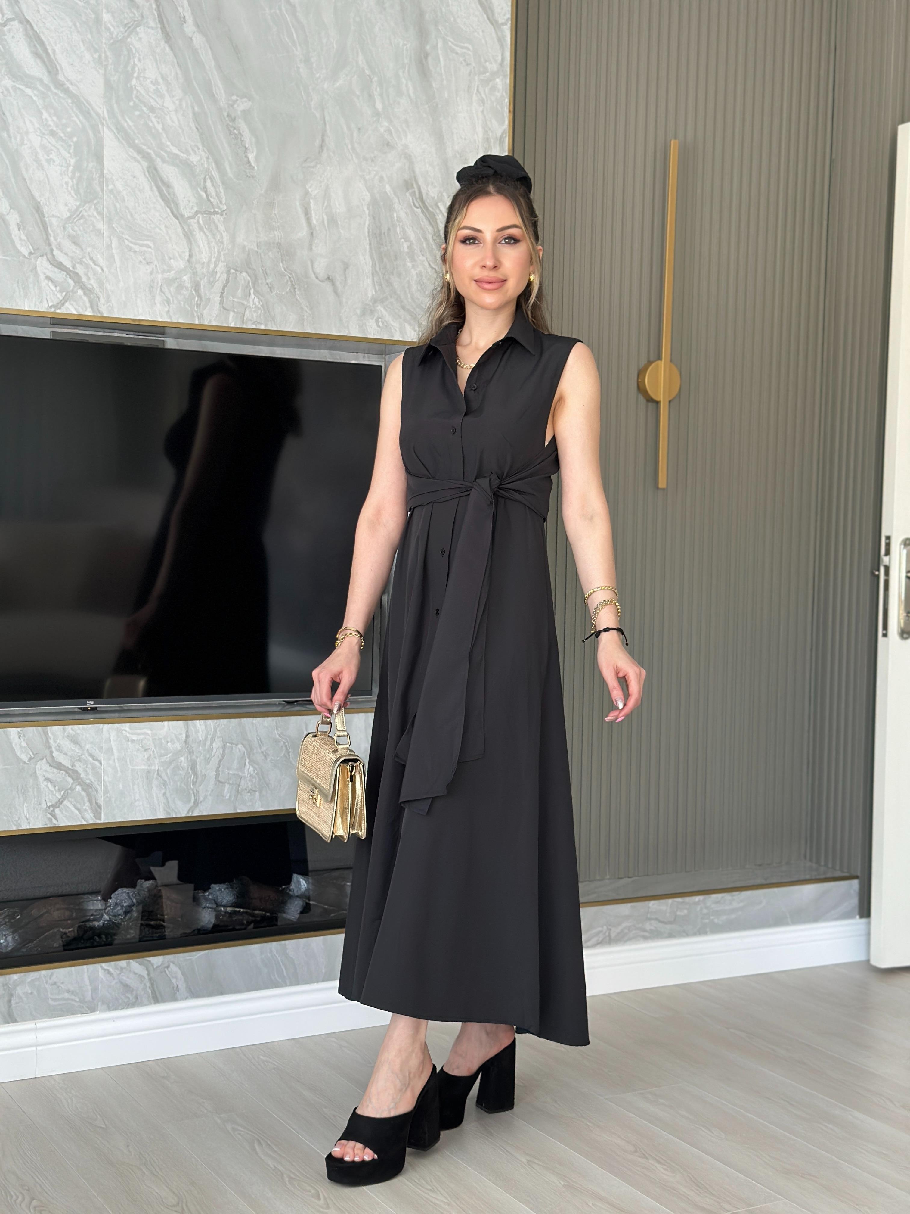 Premium Elbise Bağlama Detaylı Siyah