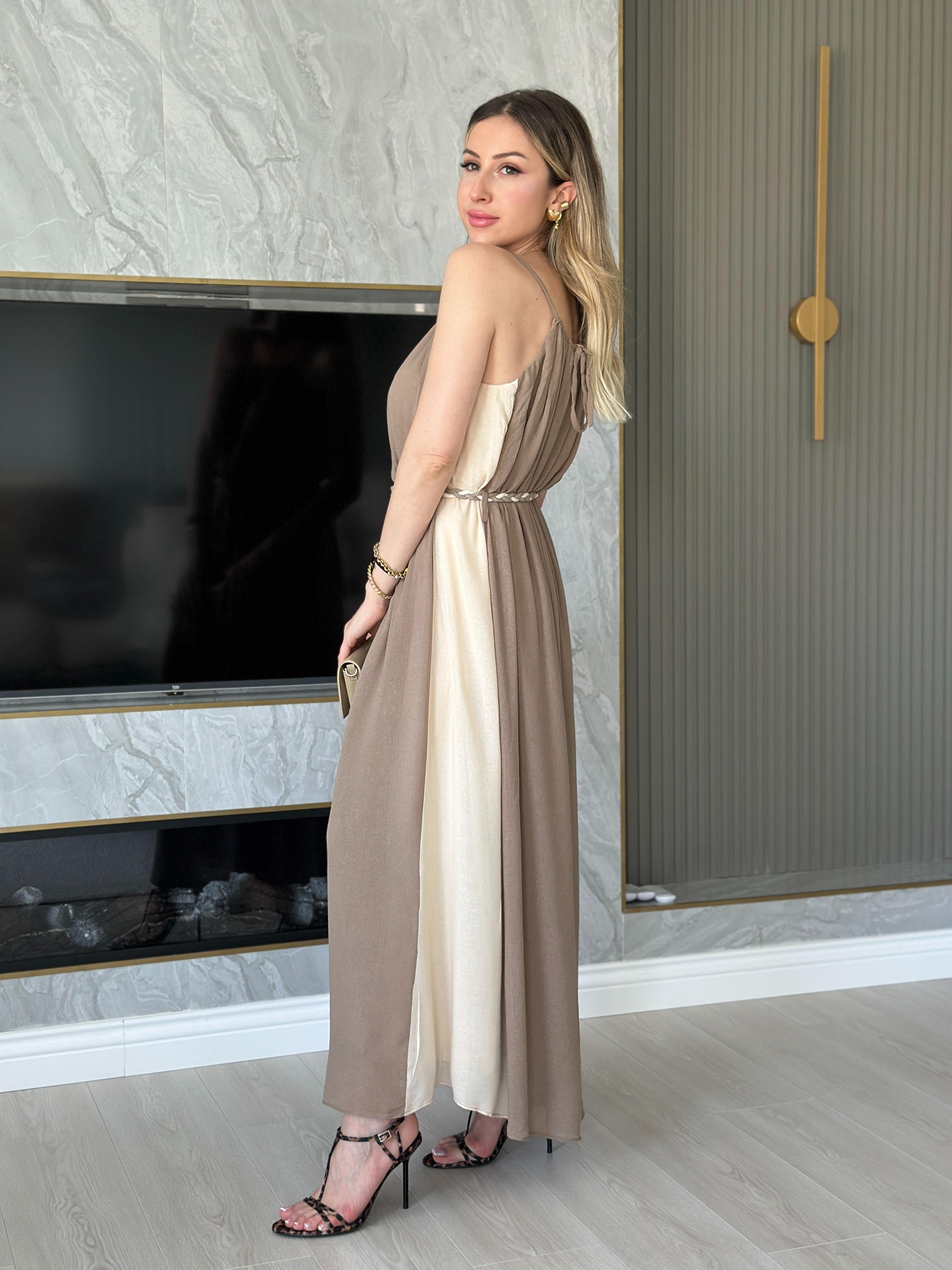 Premium Elbise Kemerli İçi Astarlı Vizon Ekru Mix