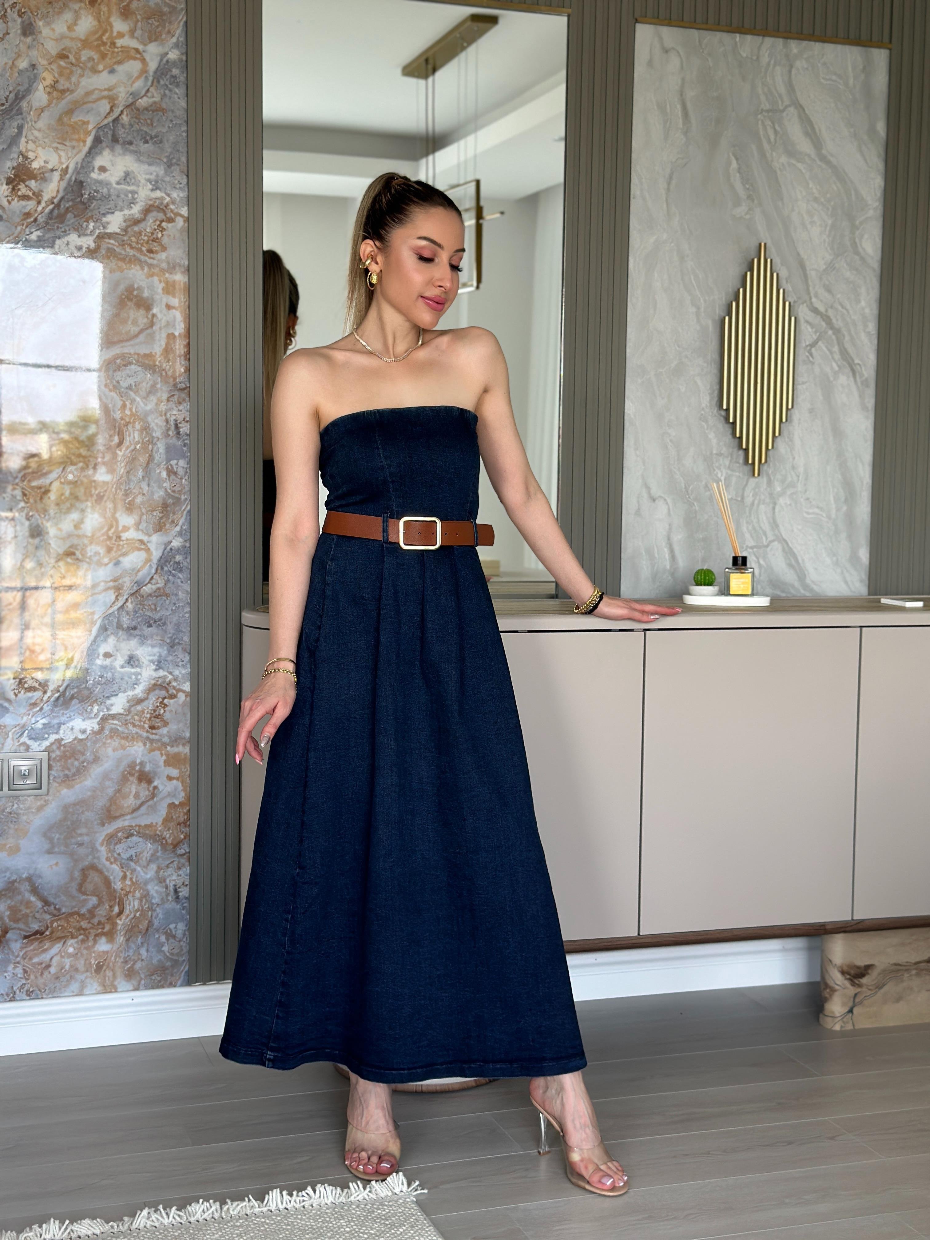 Premium Jeans Elbise Straples Kemerli
