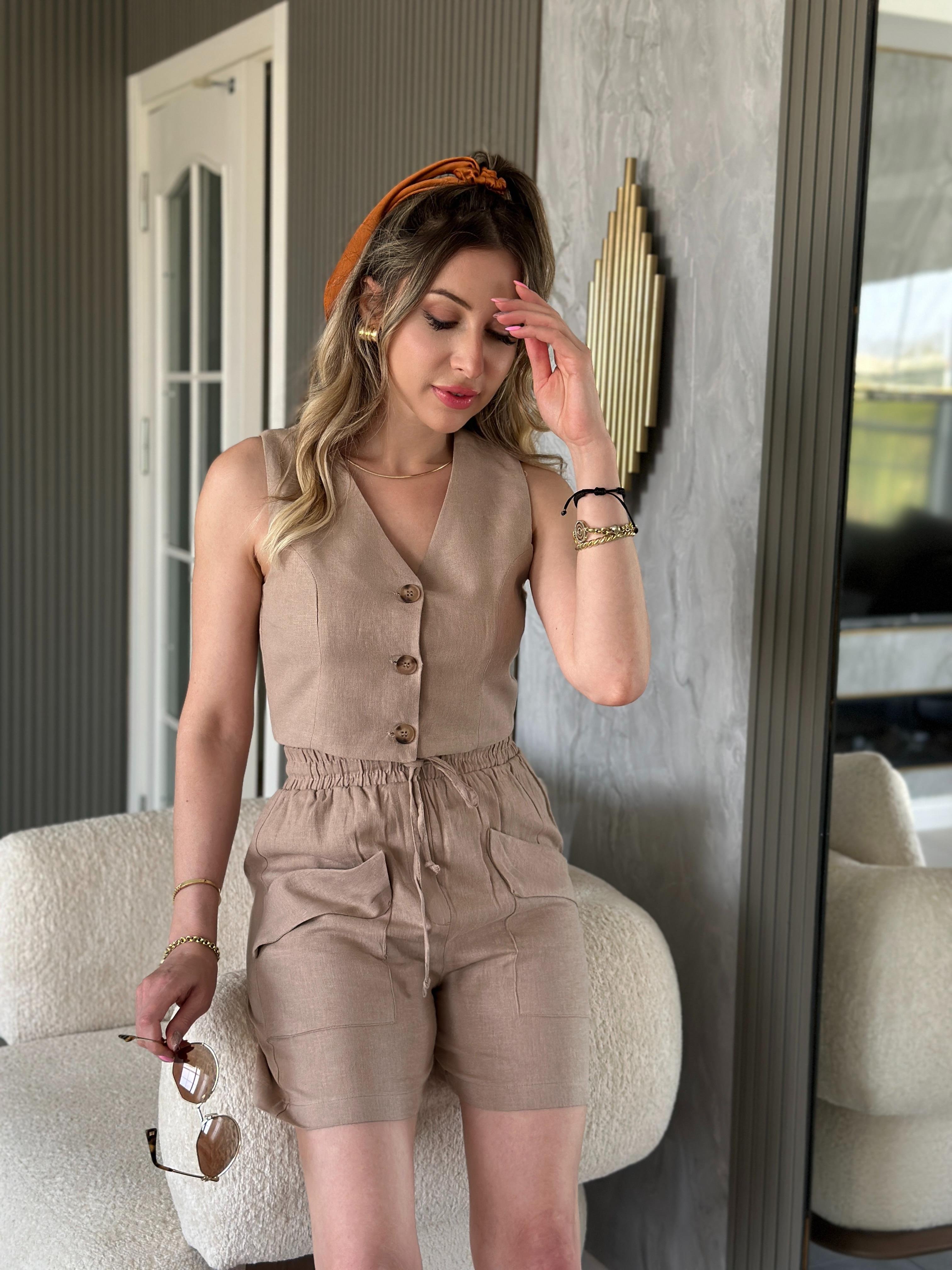 Premium Keten Şortlu Yelekli Takım Sütlü Kahve