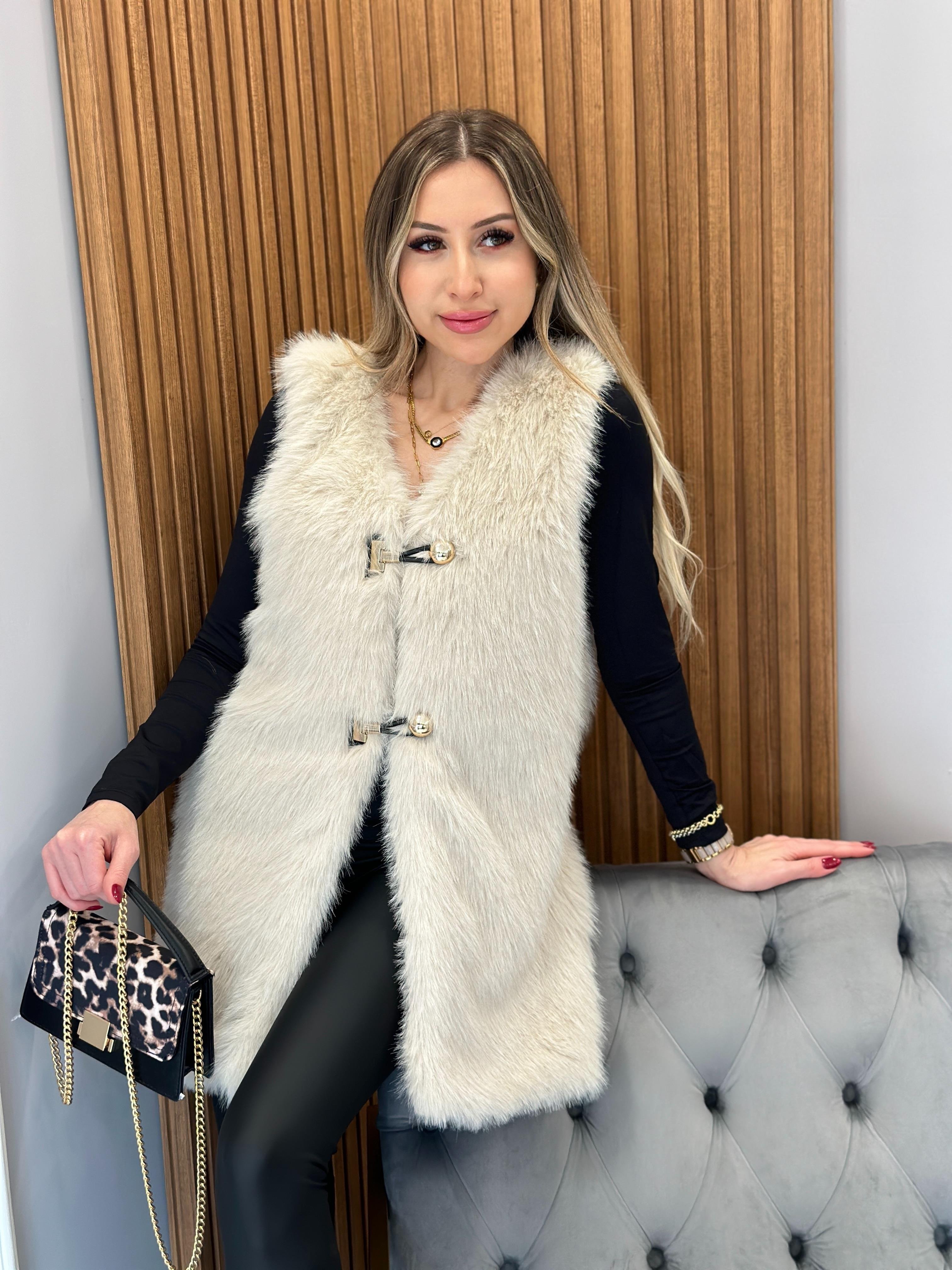 Premium Kürk Yelek Gold Düğmeli Maxi Boy  Krem