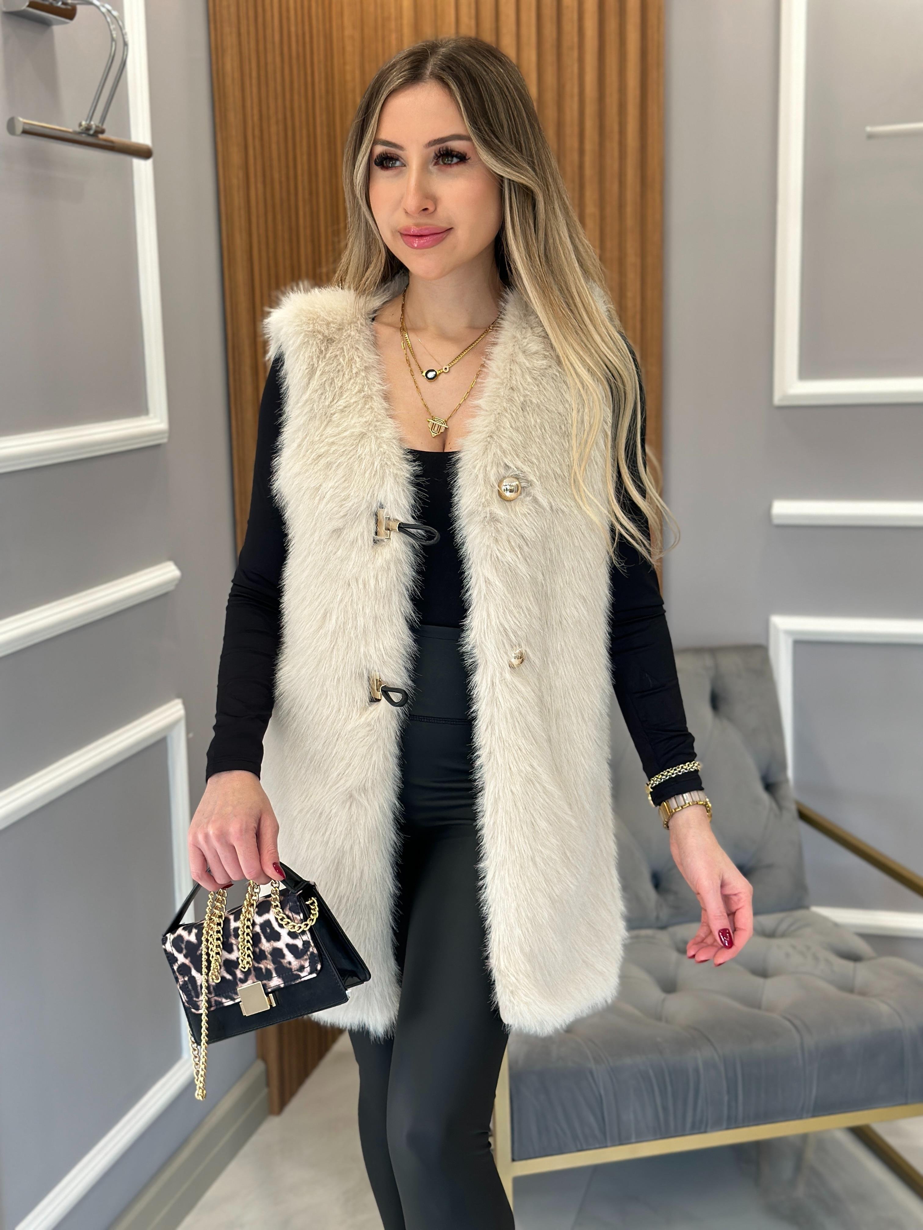 Premium Kürk Yelek Gold Düğmeli Maxi Boy  Krem