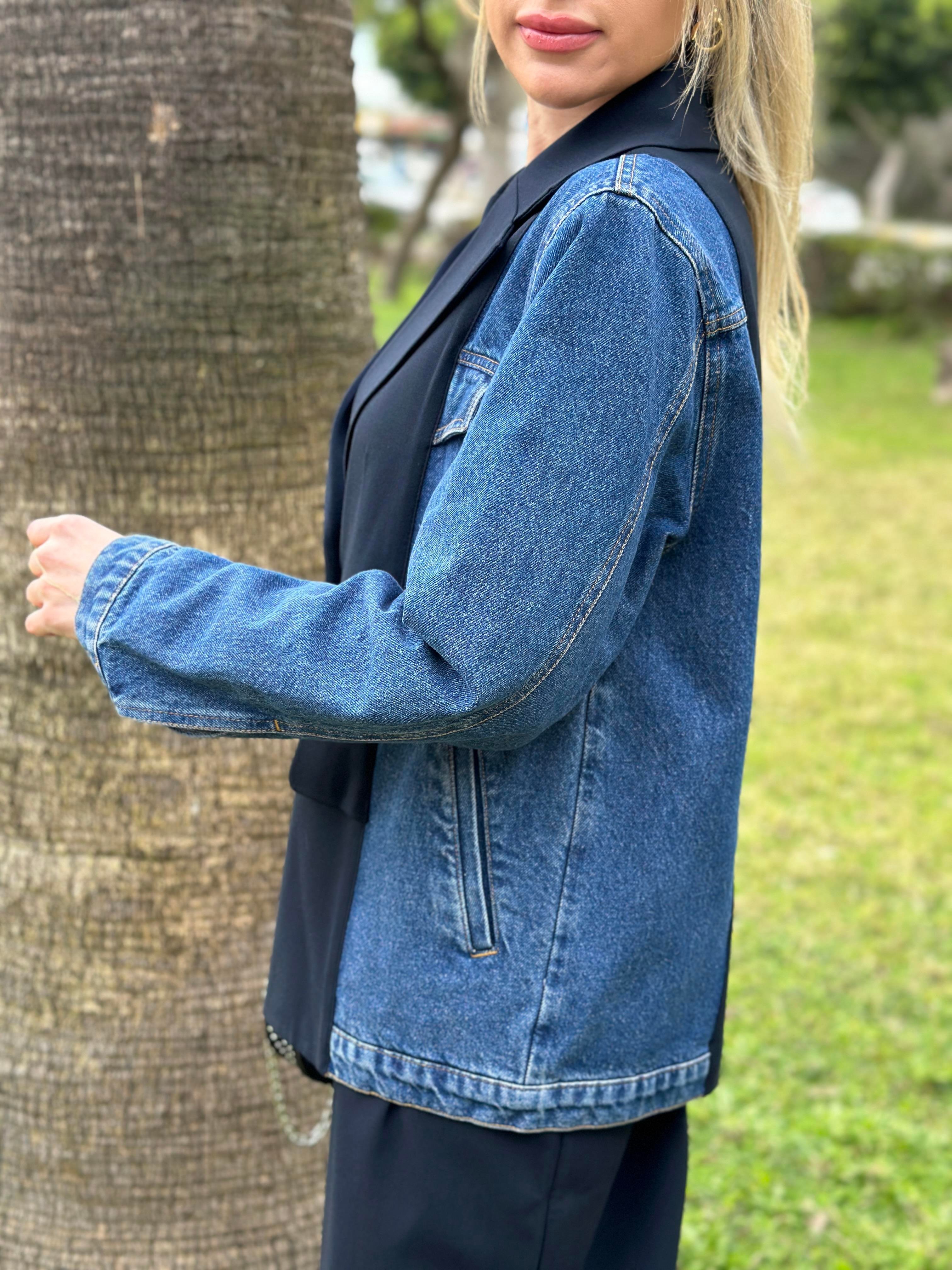 Premium Lacivert Blazer Ceket Kot Detaylı