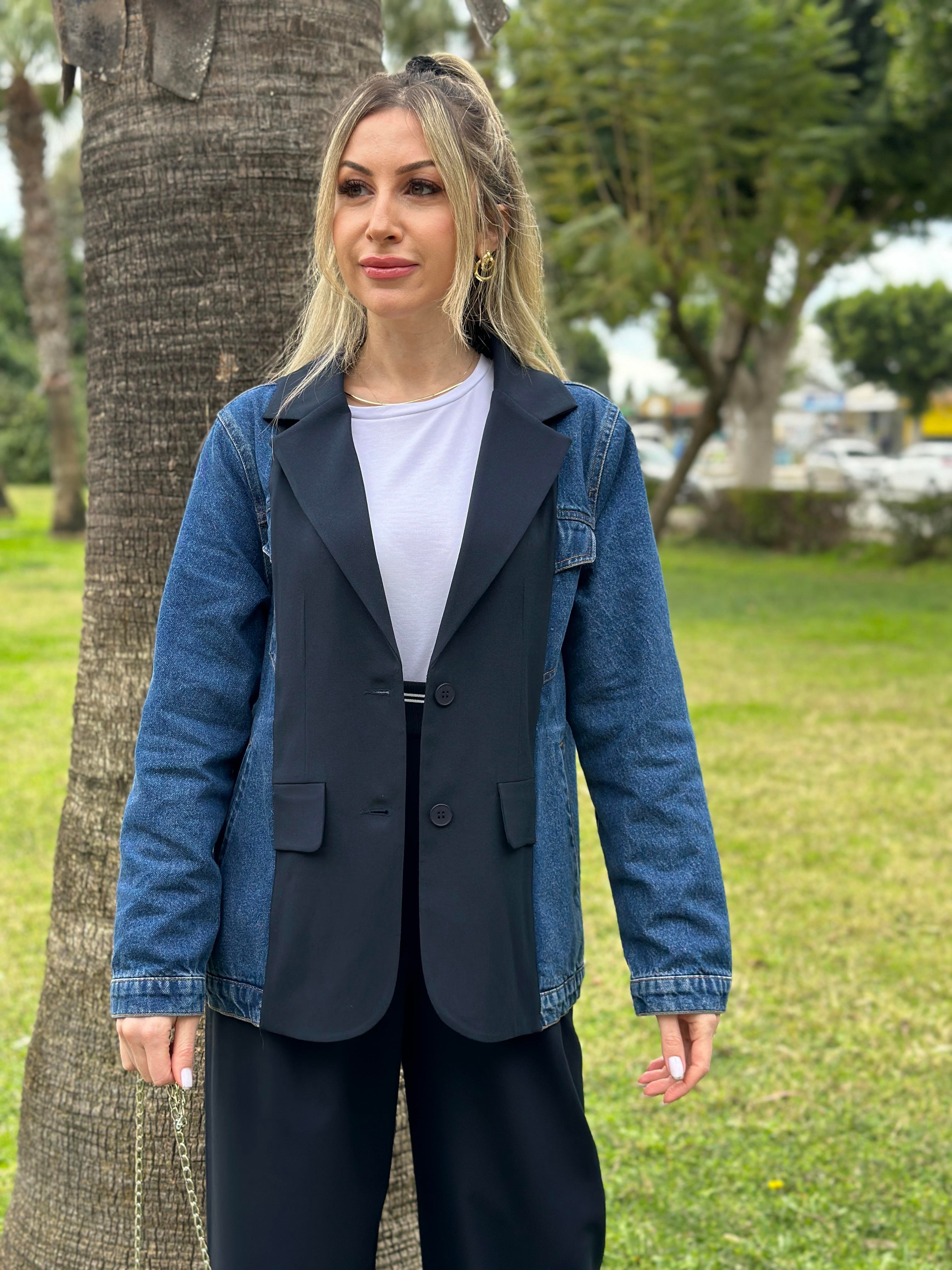 Premium Lacivert Blazer Ceket Kot Detaylı