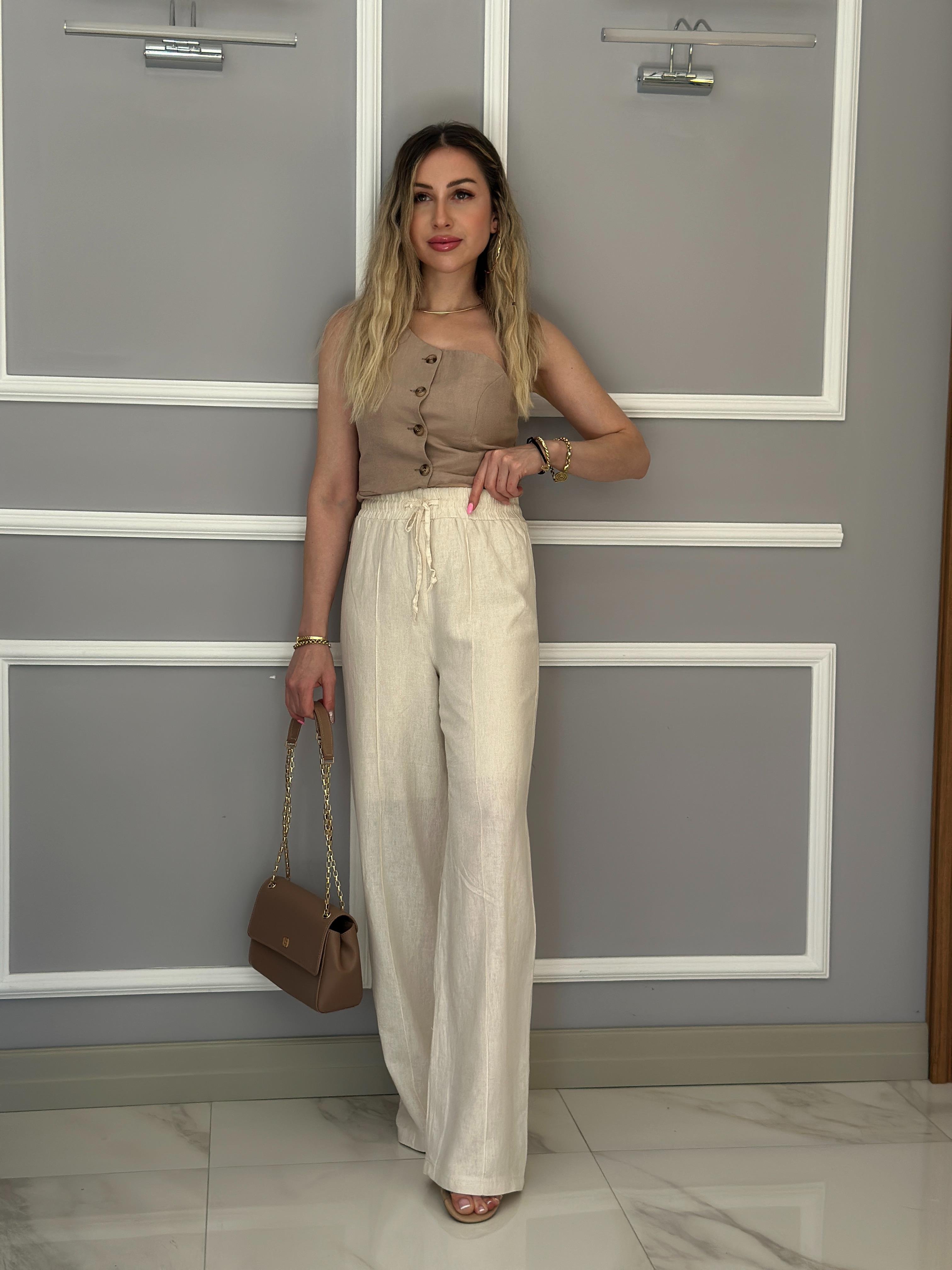 Premium Pantolon Keten İçi Astarlı Palozzo Krem