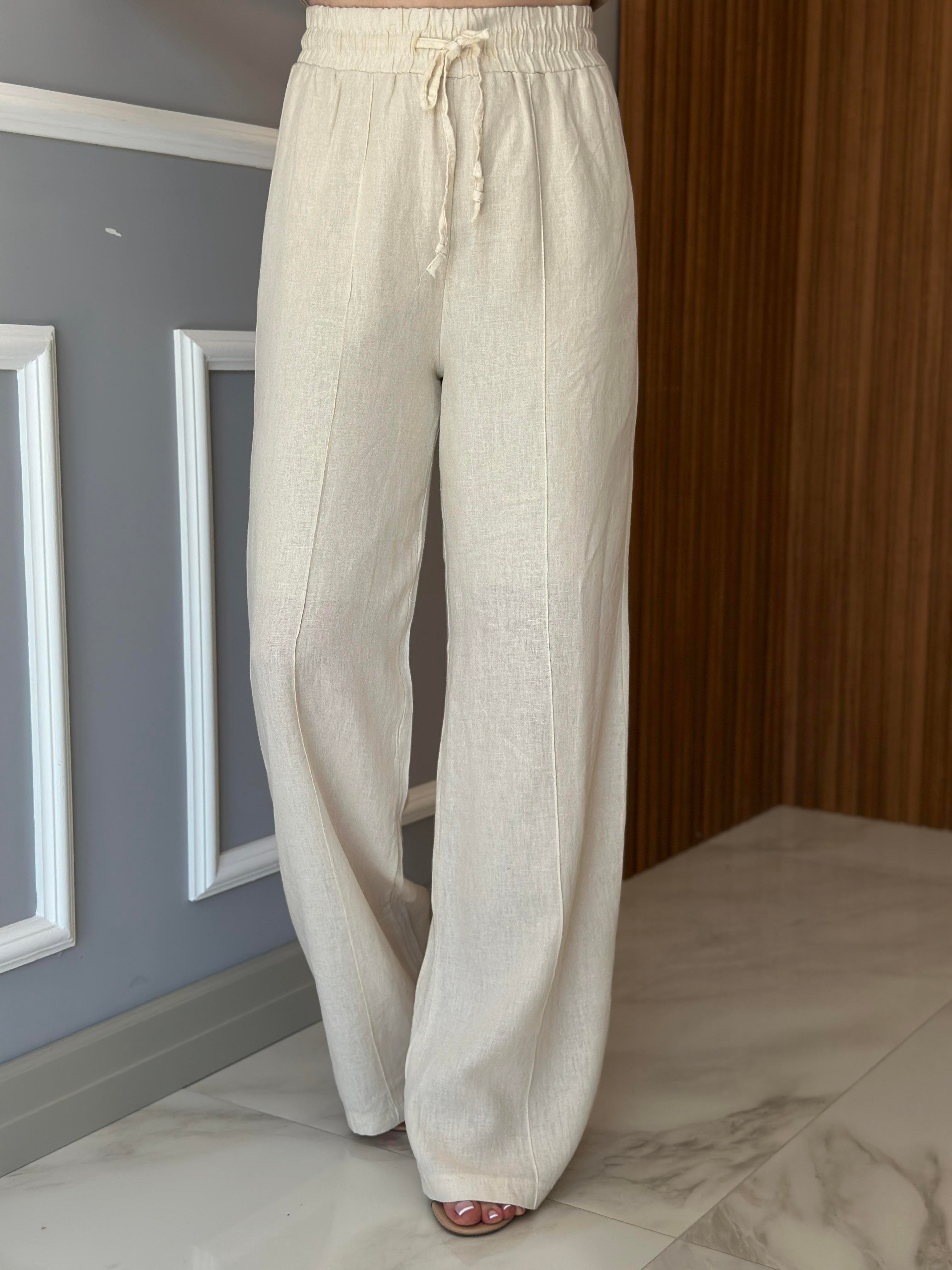 Premium Pantolon Keten İçi Astarlı Palozzo Krem