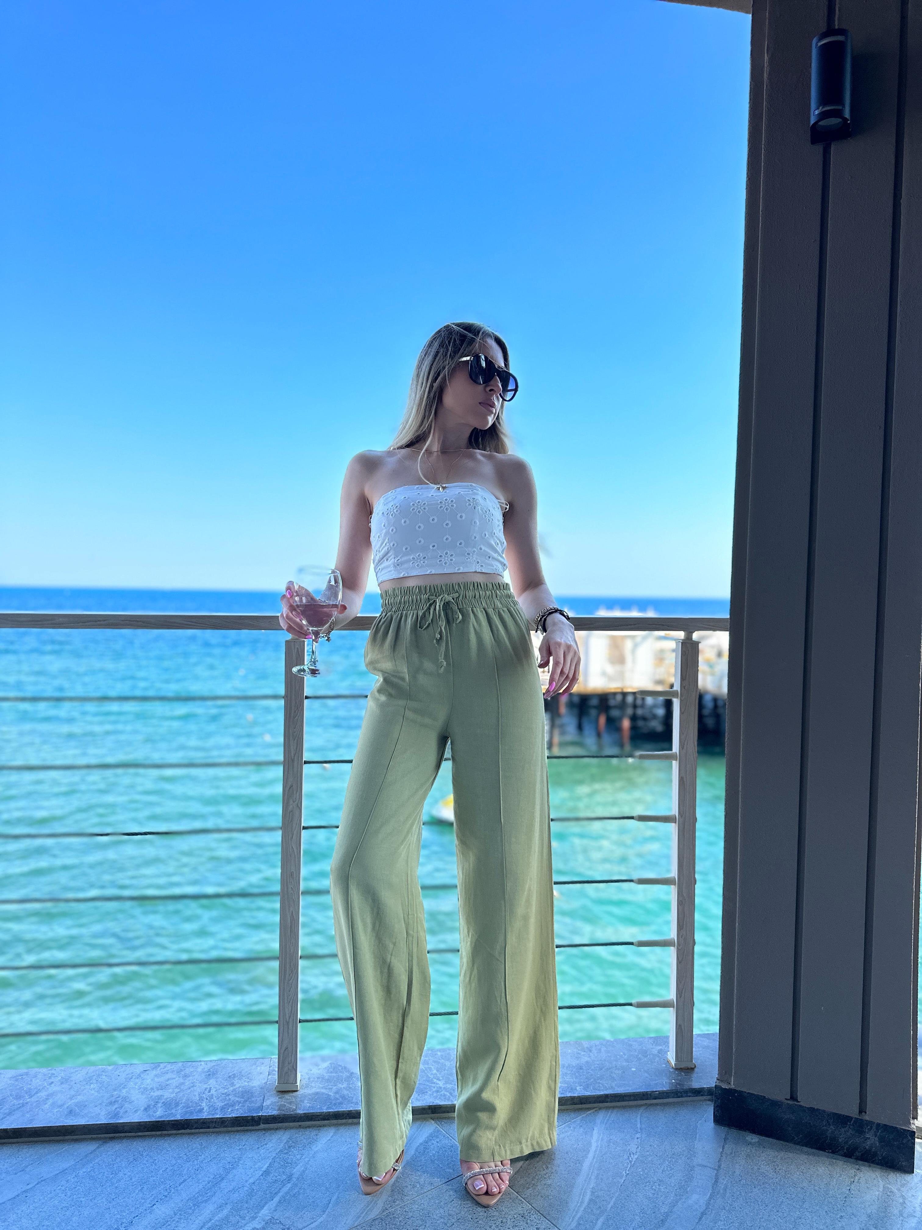 Premium Pantolon Keten İçi Astarlı Palozzo Haki
