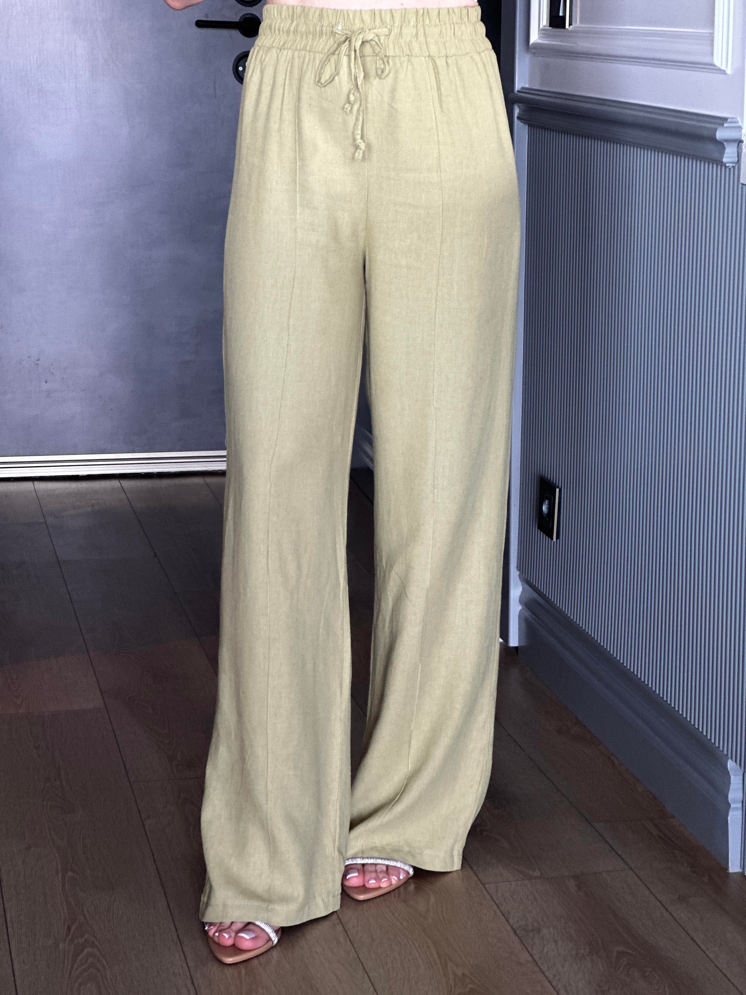 Premium Pantolon Keten İçi Astarlı Palozzo Haki