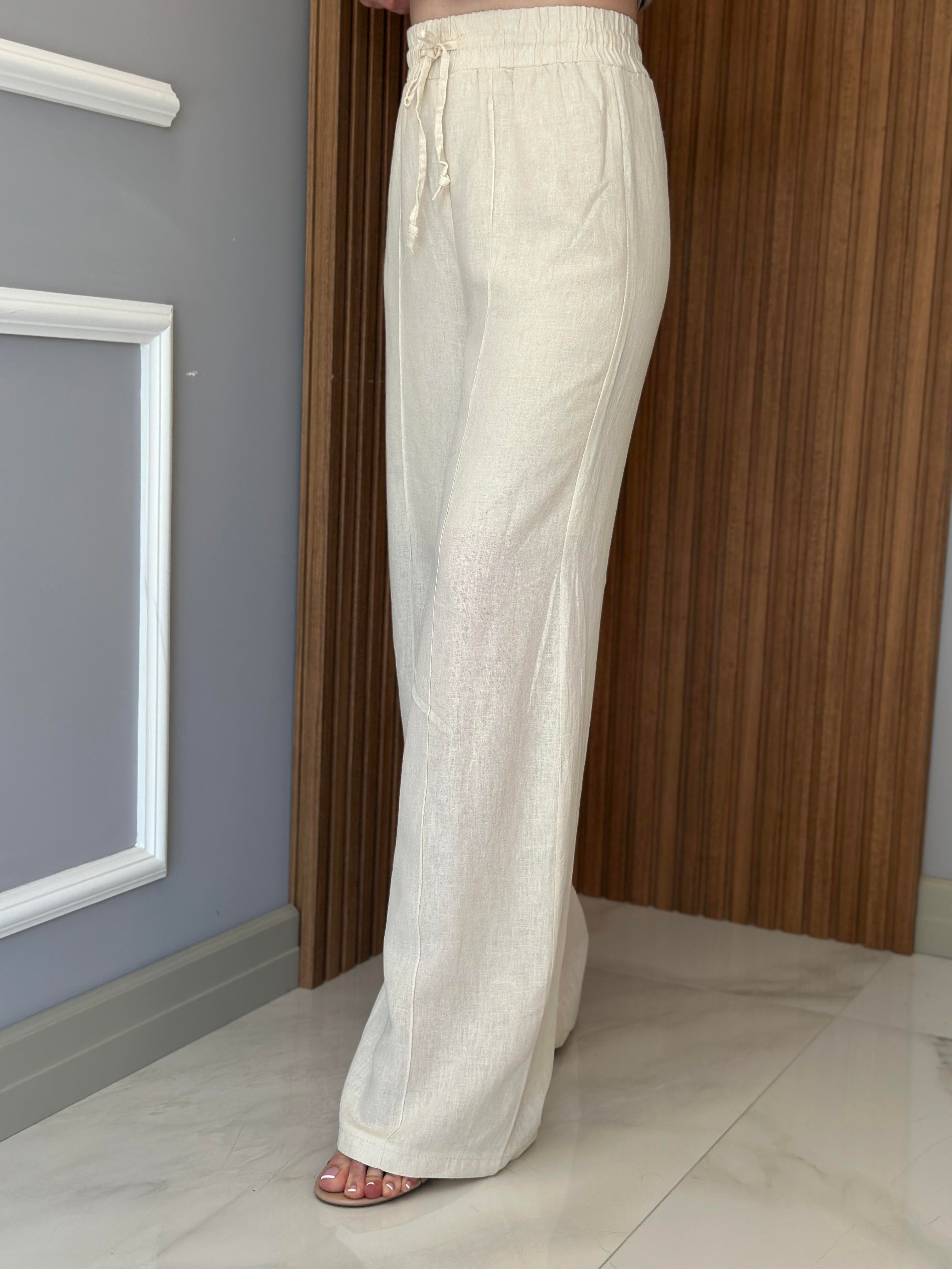 Premium Pantolon Keten İçi Astarlı Palozzo Krem