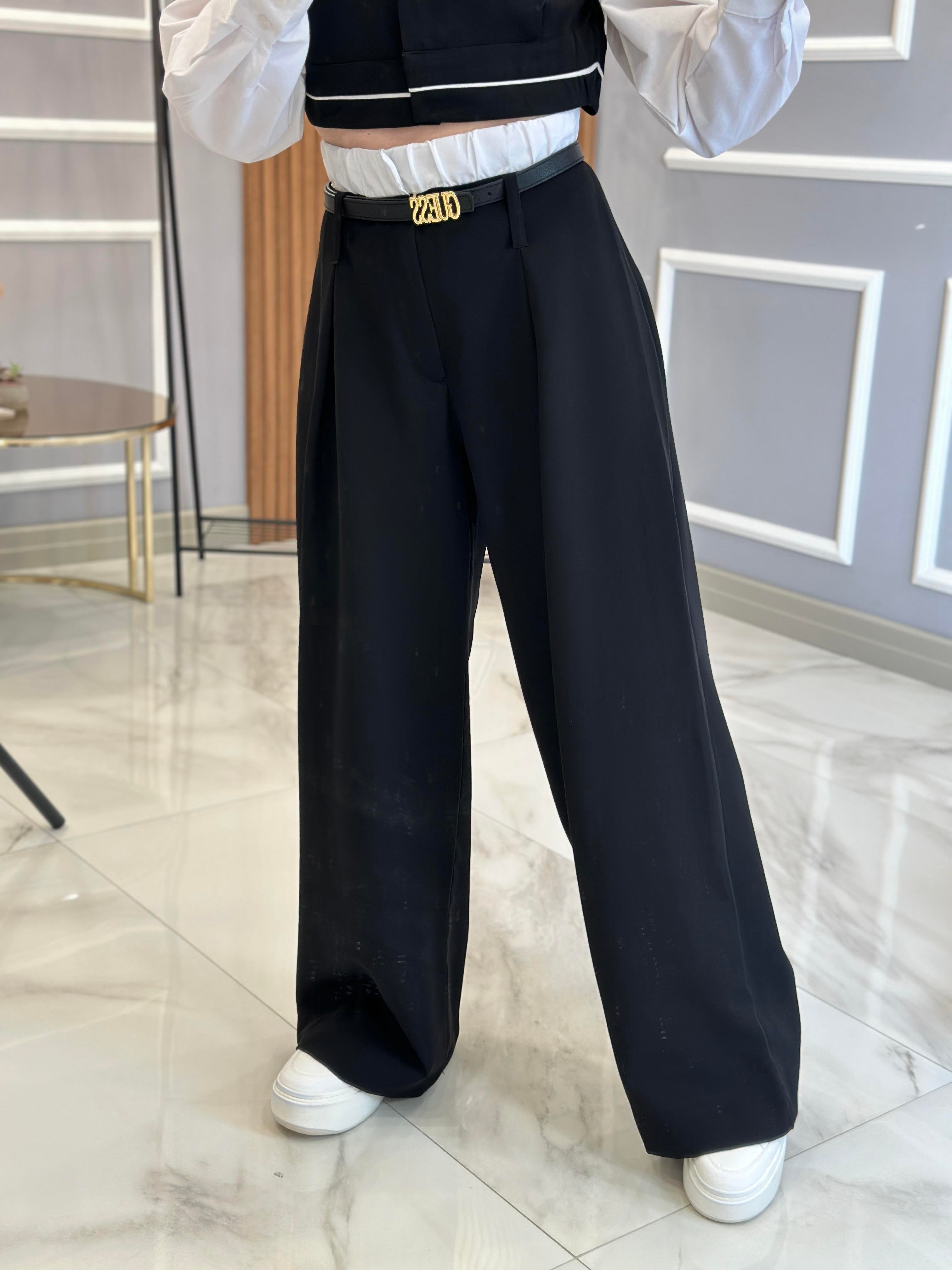 Premium Pantolon Palazzo Bel Detaylı Siyah