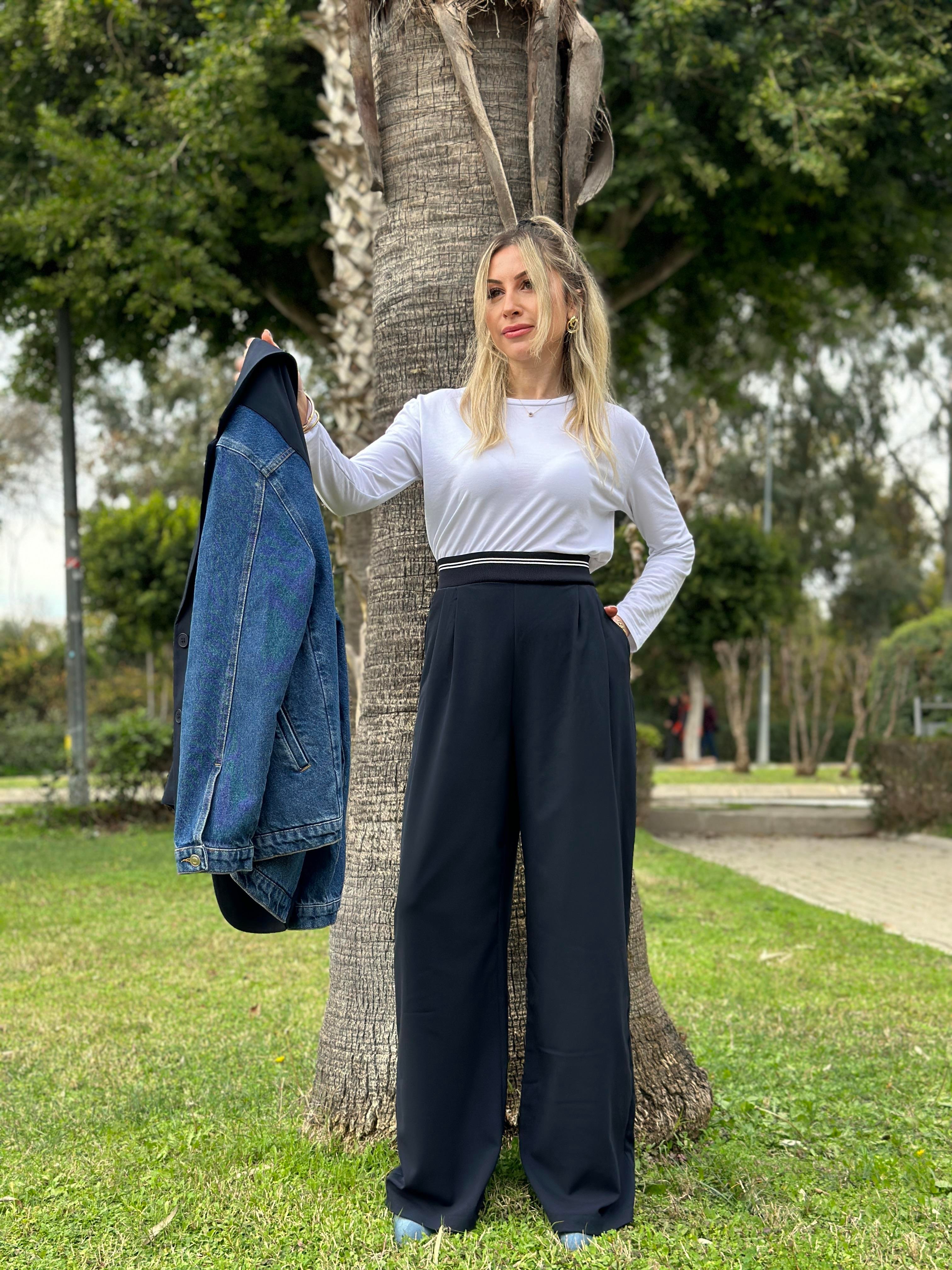 Premium Pantolon Palazzo Beli Lastikli Lacivert