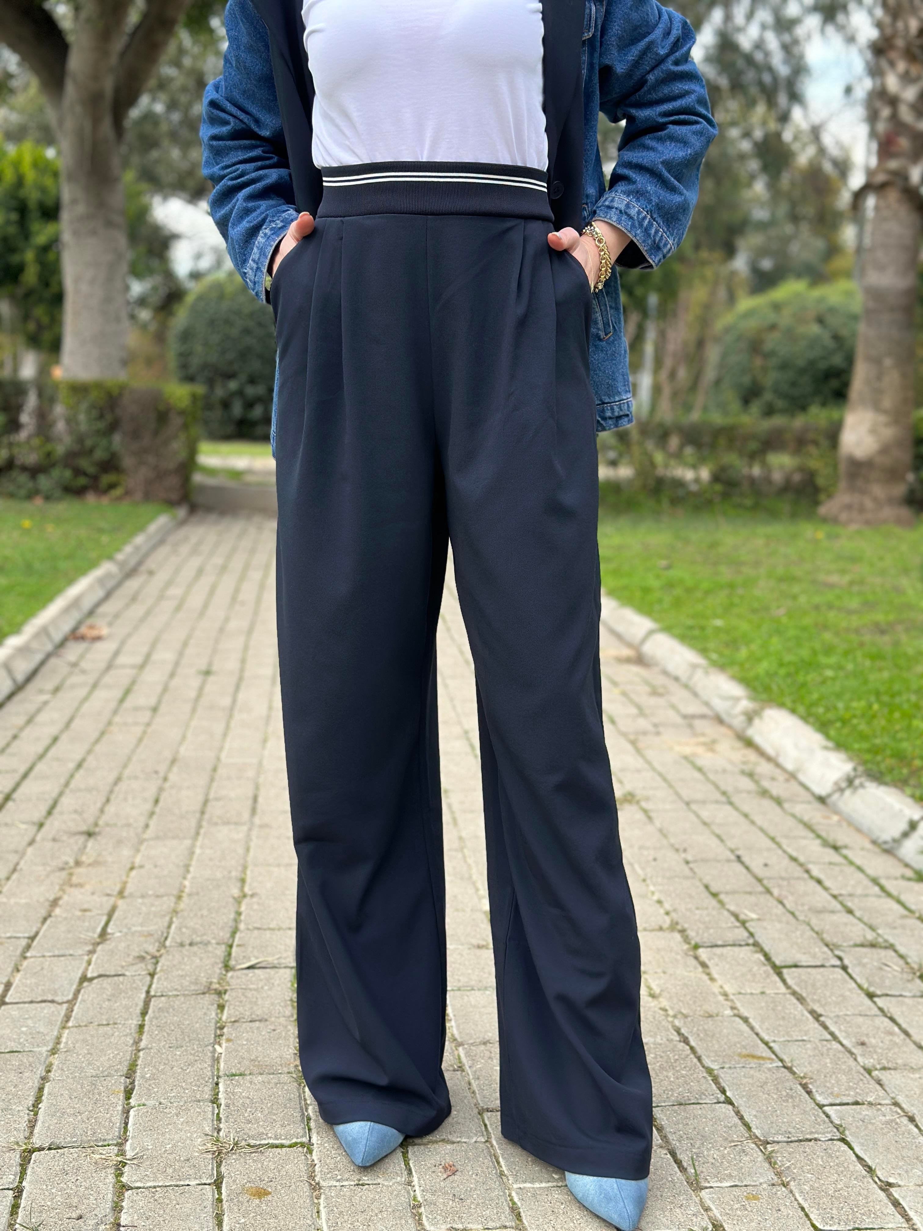 Premium Pantolon Palazzo Beli Lastikli Lacivert