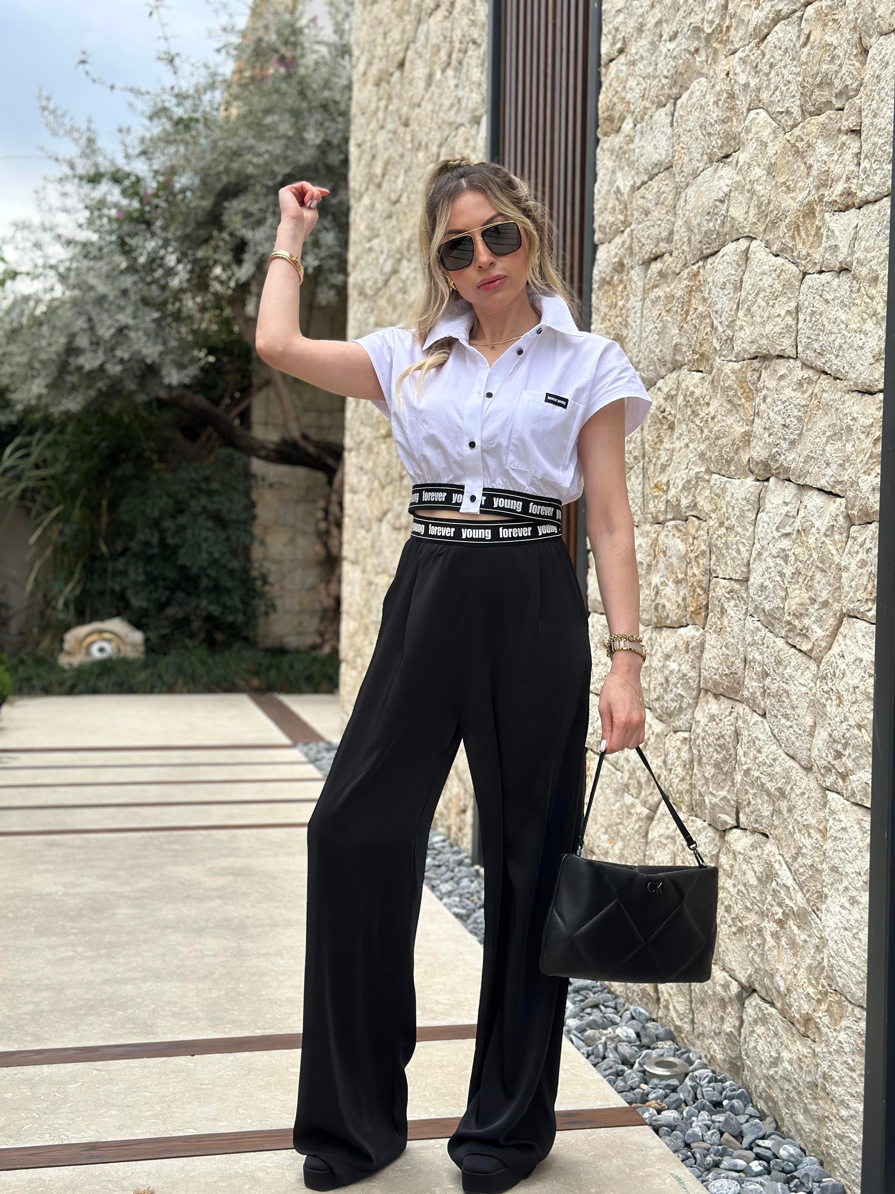 Premium Pantolon Palazzo Beli Lastikli Siyah