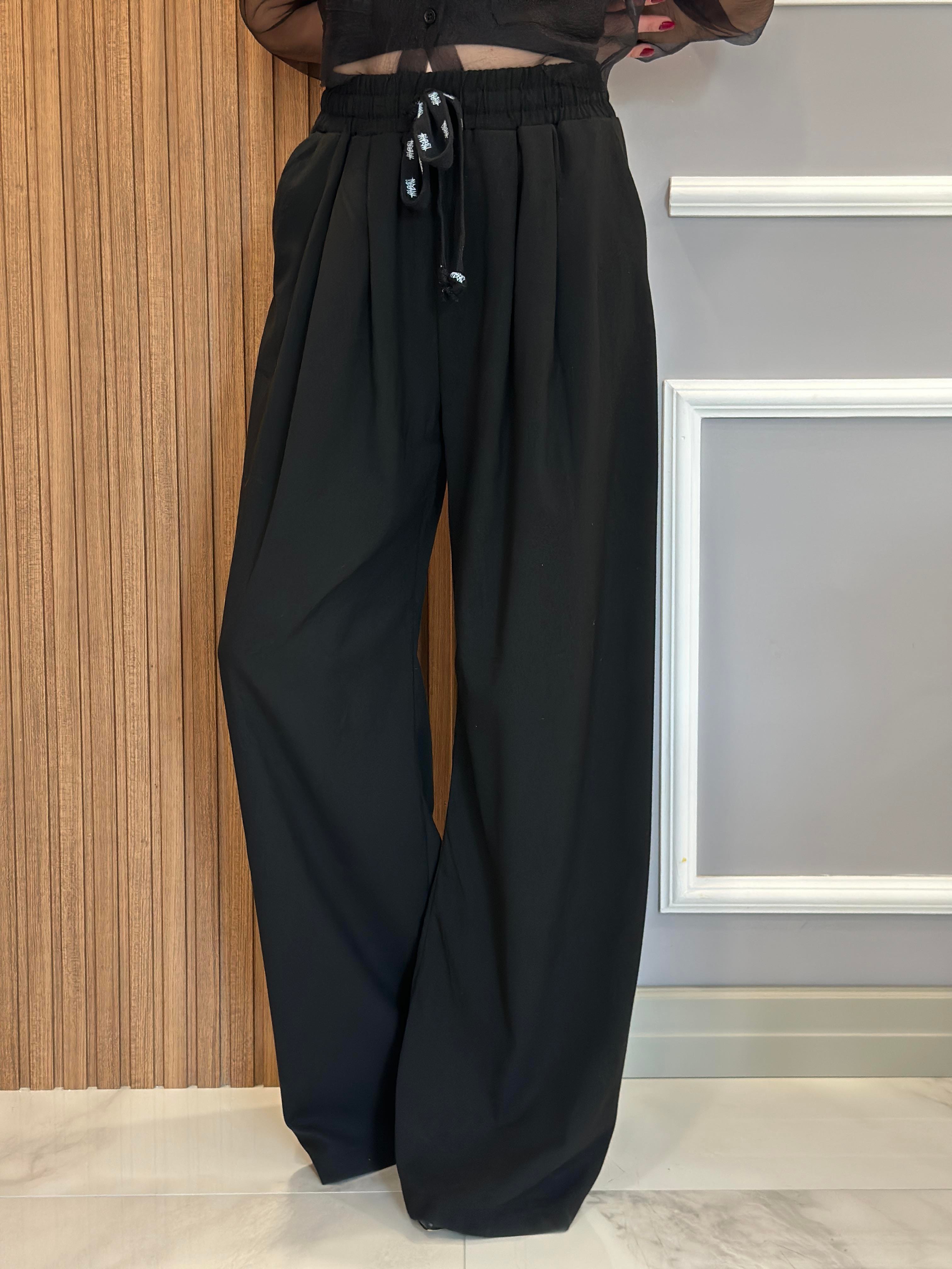Premium Pantolon Palozzo Beli Lastikli Siyah