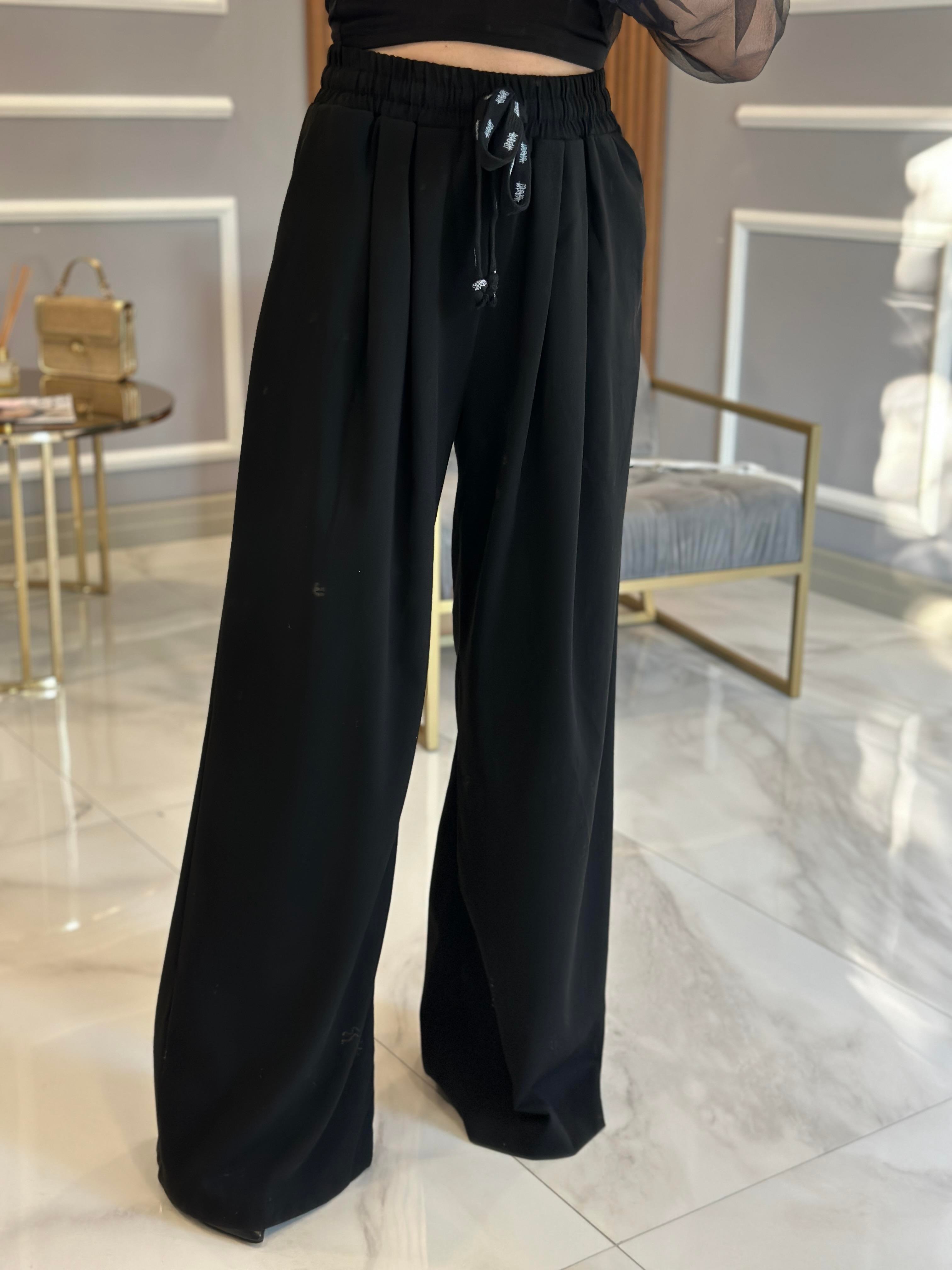 Premium Pantolon Palozzo Beli Lastikli Siyah