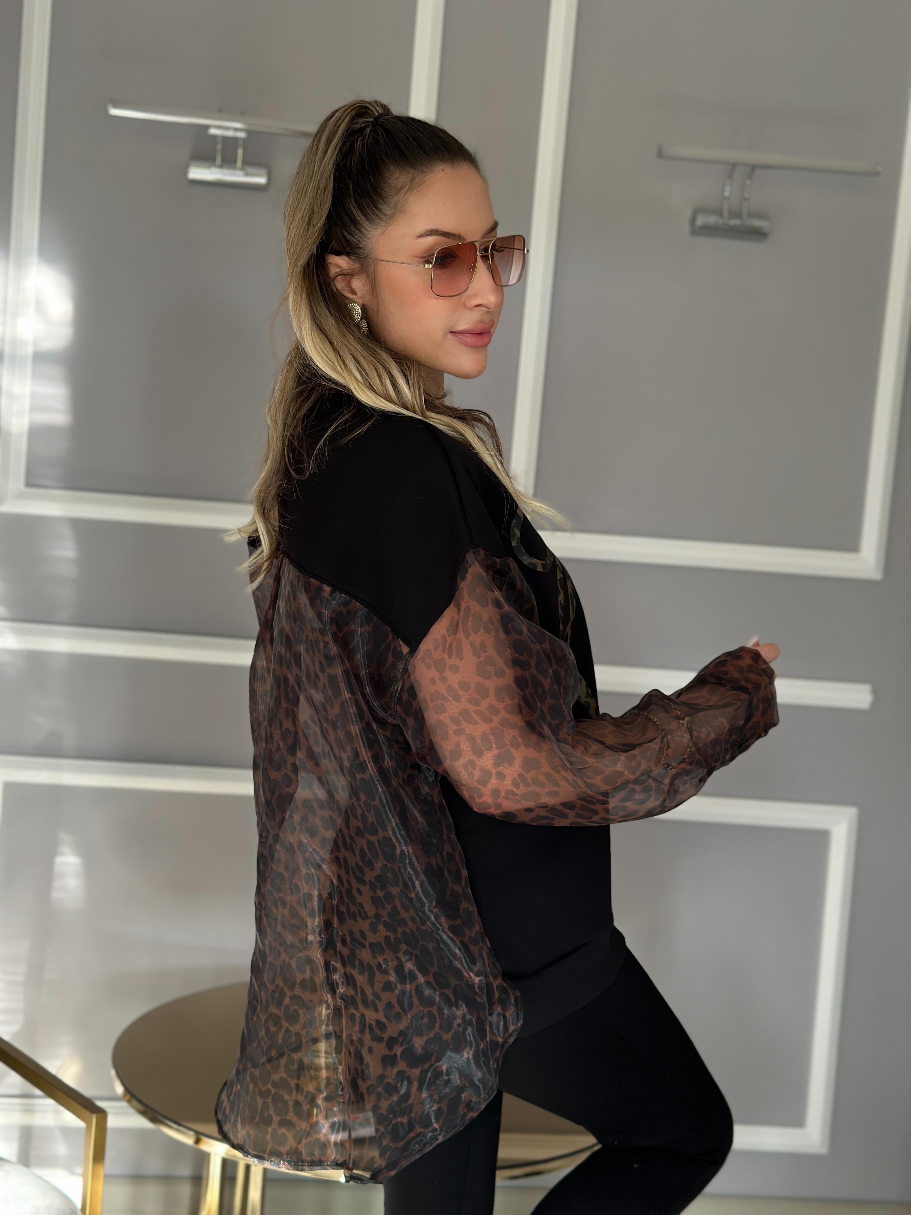 Premium Sweat Leopar Desen Kolları Arkası Tül Detaylı