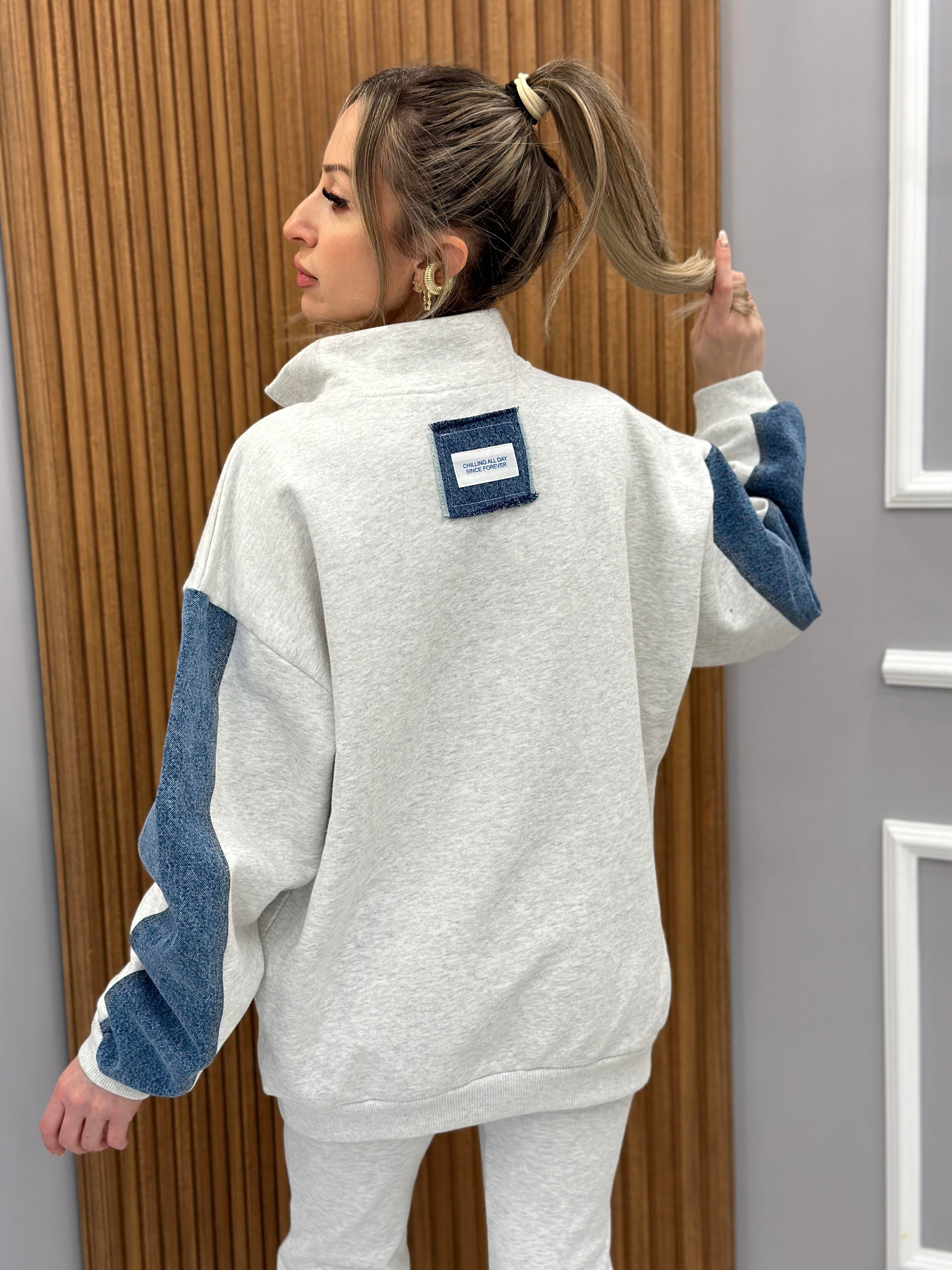 Premium Sweatshirt Oversize Kot Detaylı Fermuarlı Gri