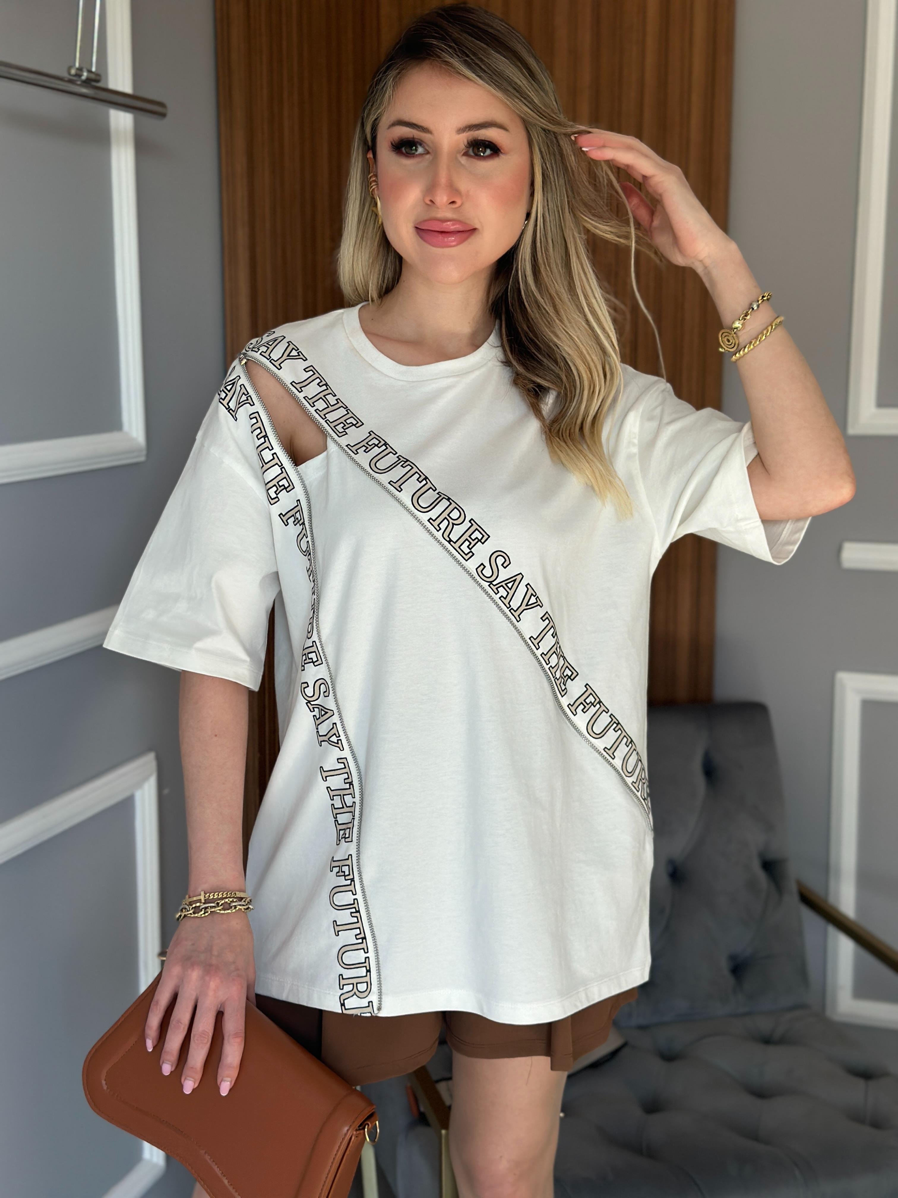 Premium T-shirt Fermuar Detaylı Ekru-Vizon Mix