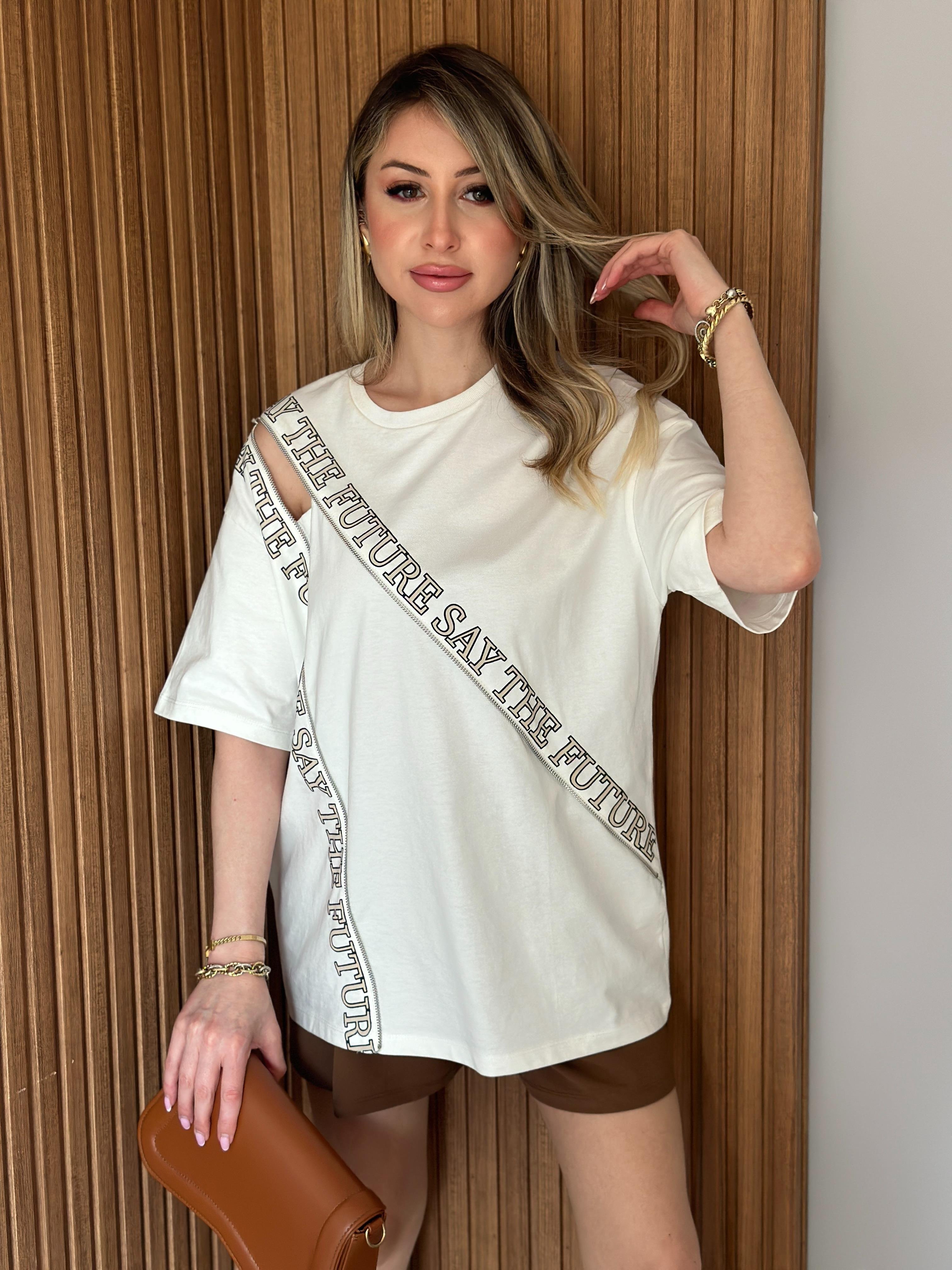 Premium T-shirt Fermuar Detaylı Ekru-Vizon Mix