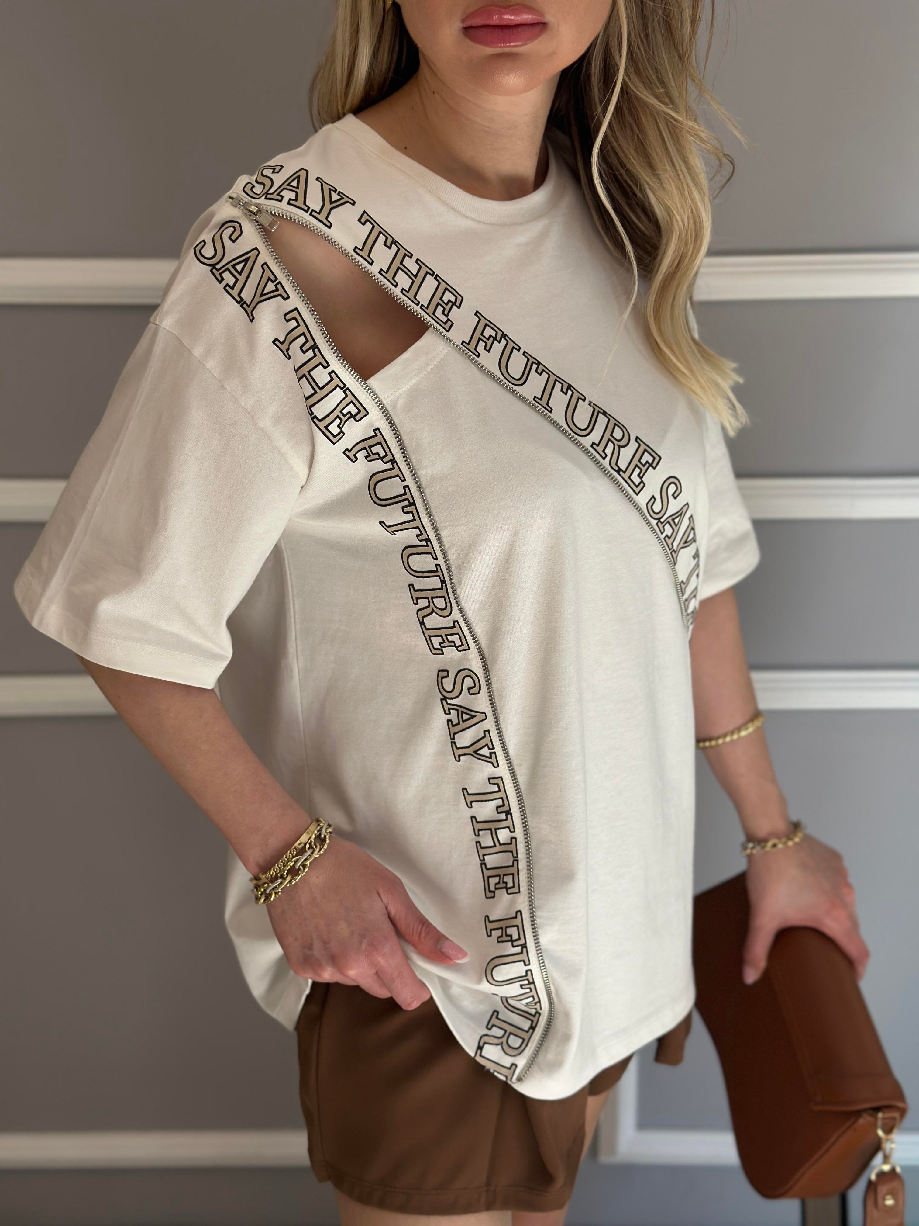 Premium T-shirt Fermuar Detaylı Ekru-Vizon Mix