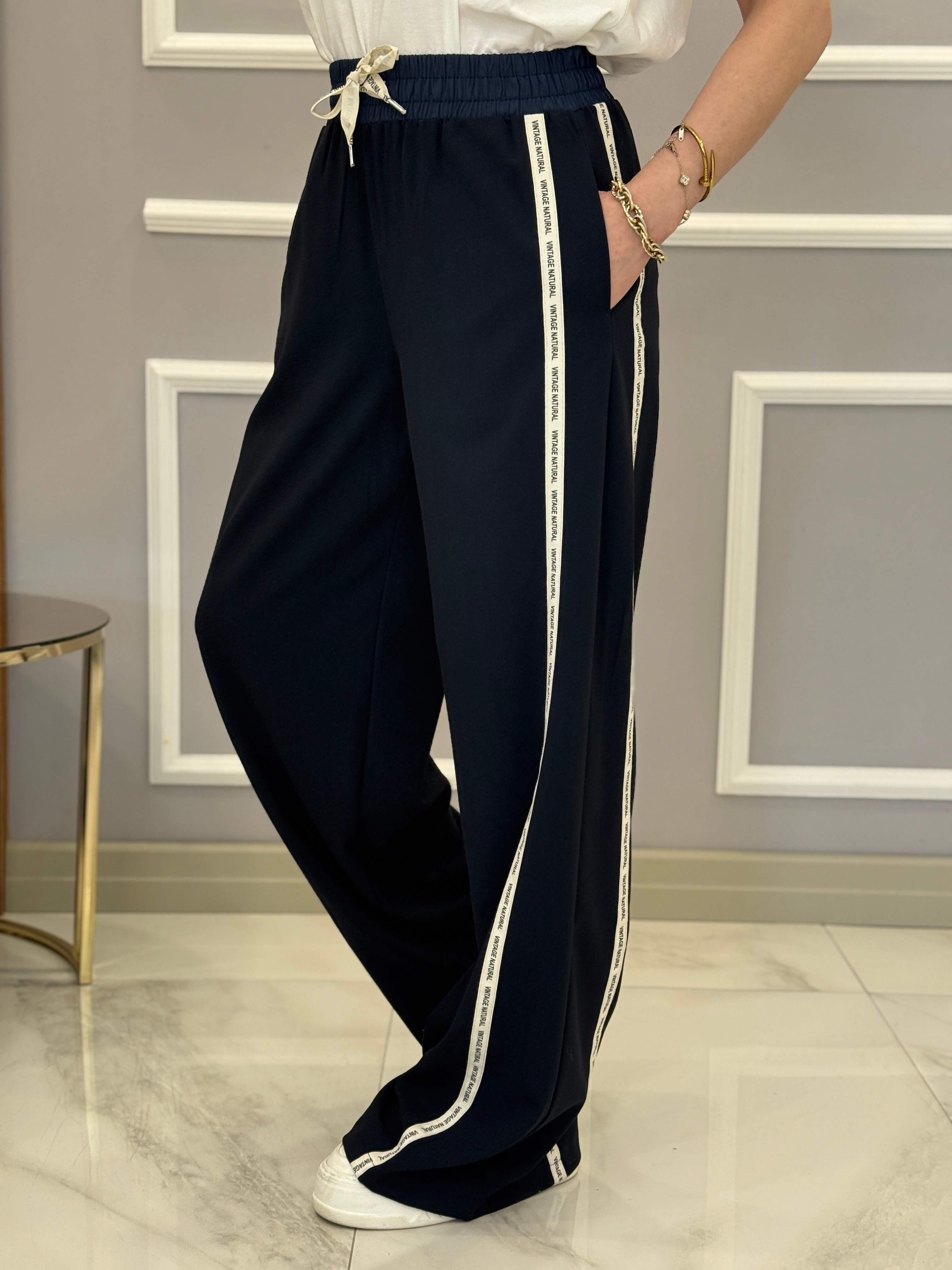 Premium Yan Şeritli Palazzo Lacivert Pantolon 