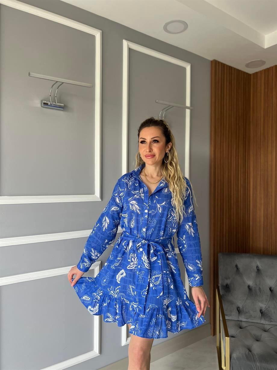 Şal Desenli Elbise Mavi