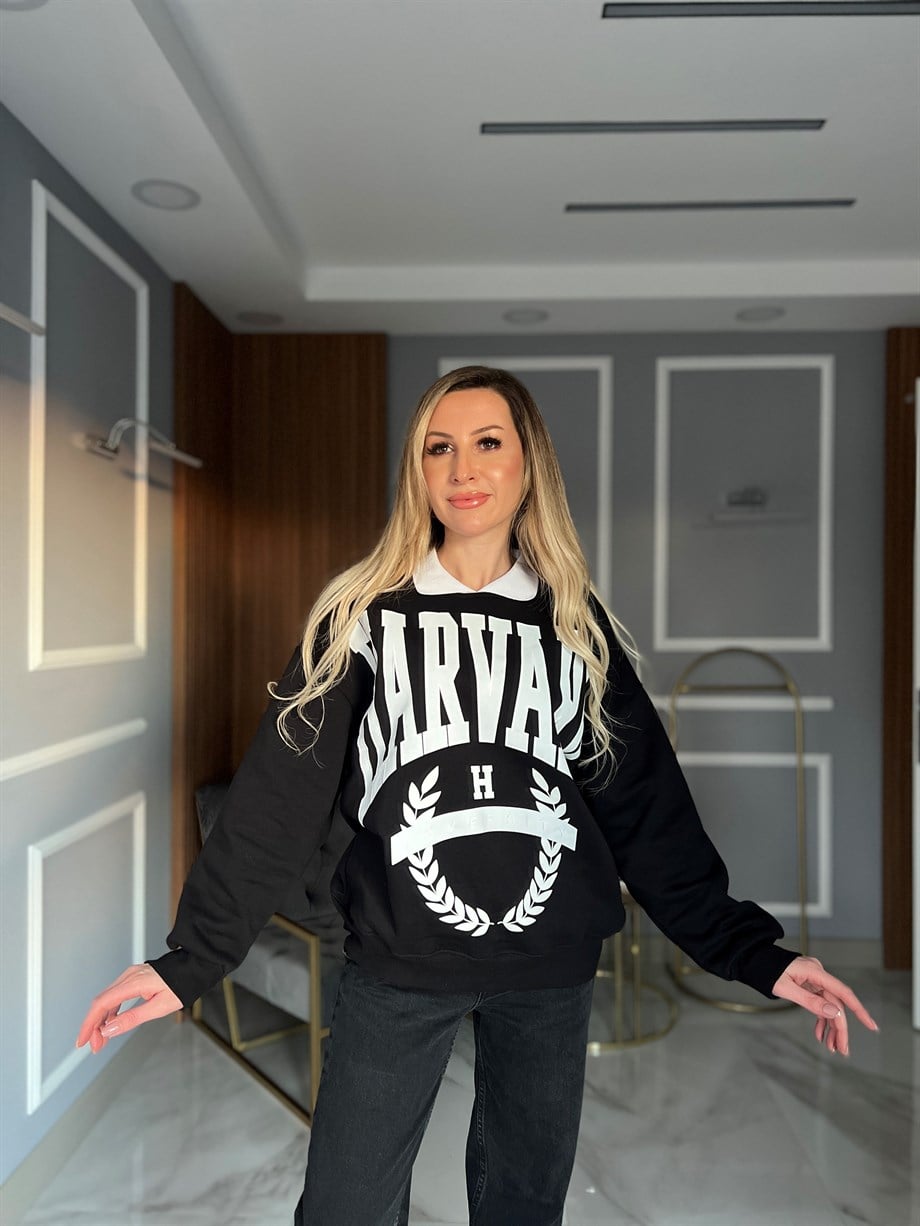 Siyah Beyaz Harvard Yazılı Sweatshirt